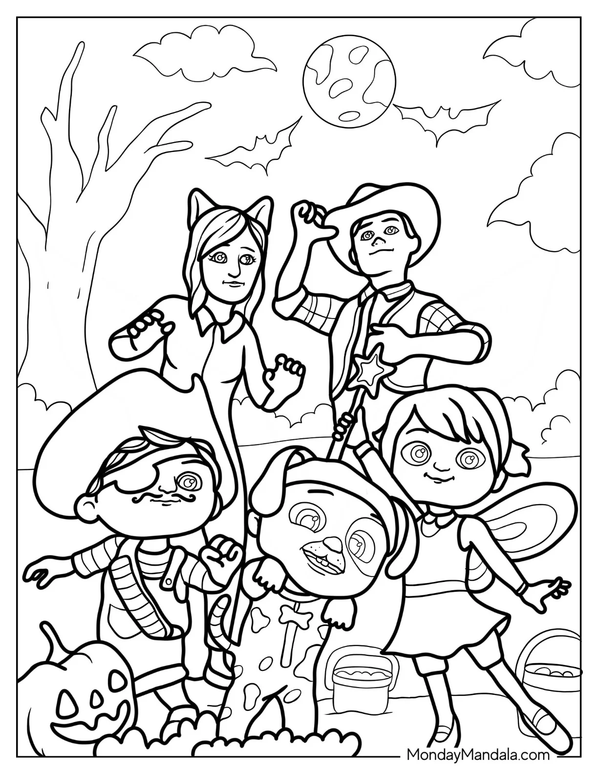CoComelon Coloring Page of JJ, Yoyo, TomTom, Lovelle, And Dan In Halloween Costumes coloring page