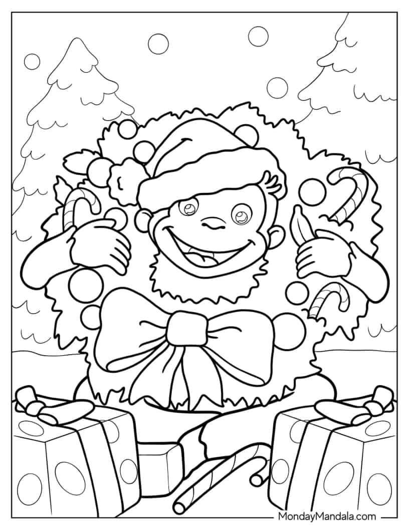 Christmas Themed Curious George To Color coloring page — printable line art
