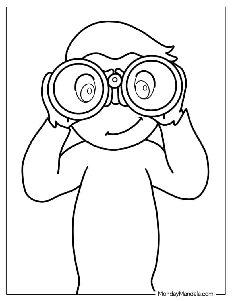 Coloring Page Of Curious George Looking Through Binoculars coloring page — printable line art