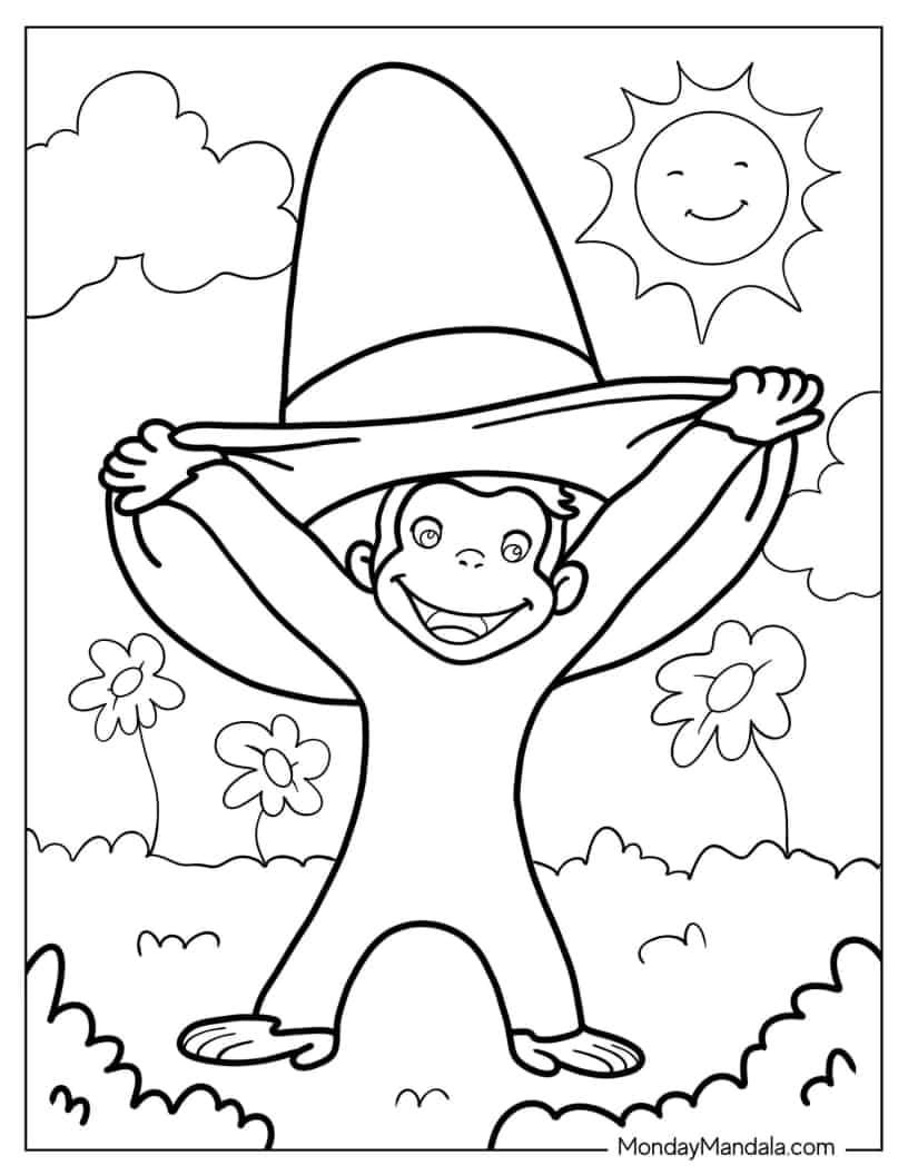 Coloring Sheet Of Curious George Under Big Hat coloring page — printable line art