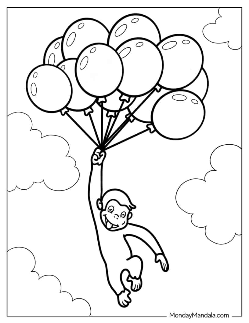 Curious George Floating While Holding Balloons coloring page