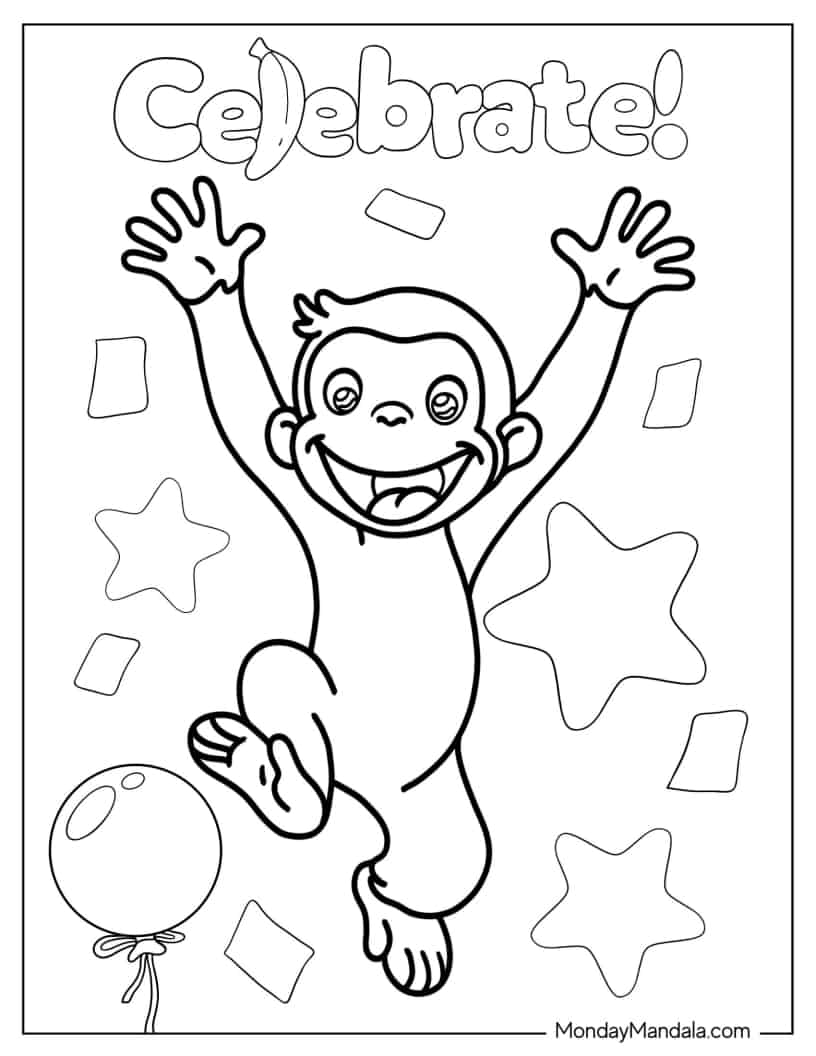 Curious George Happy Birthday Coloring Sheet coloring page — printable line art