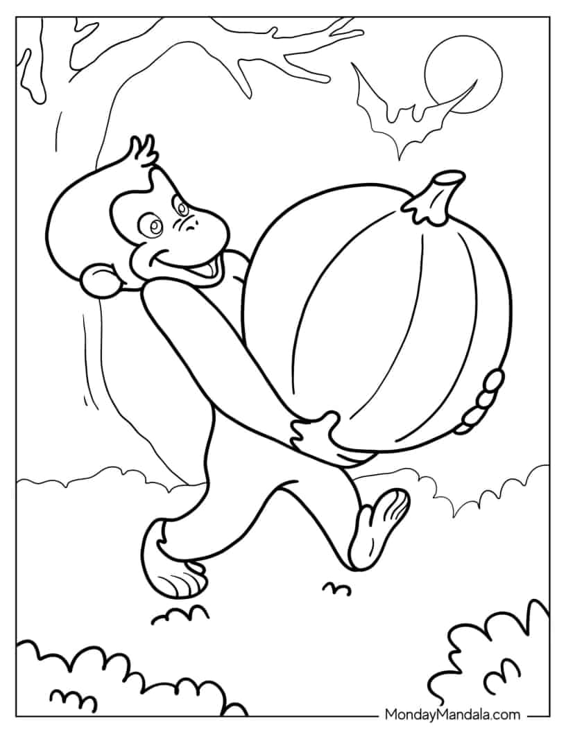 Curious George Holding Halloween Pumpkin coloring page