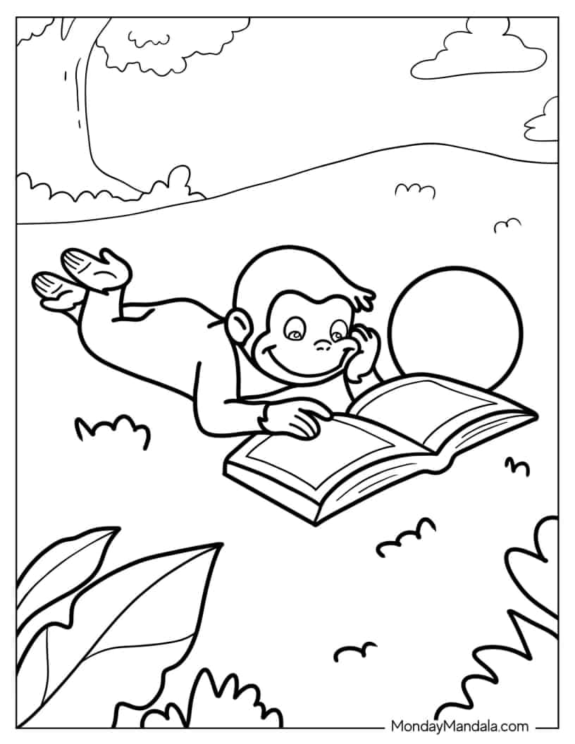 Curious George Reading a Book In Park coloring page