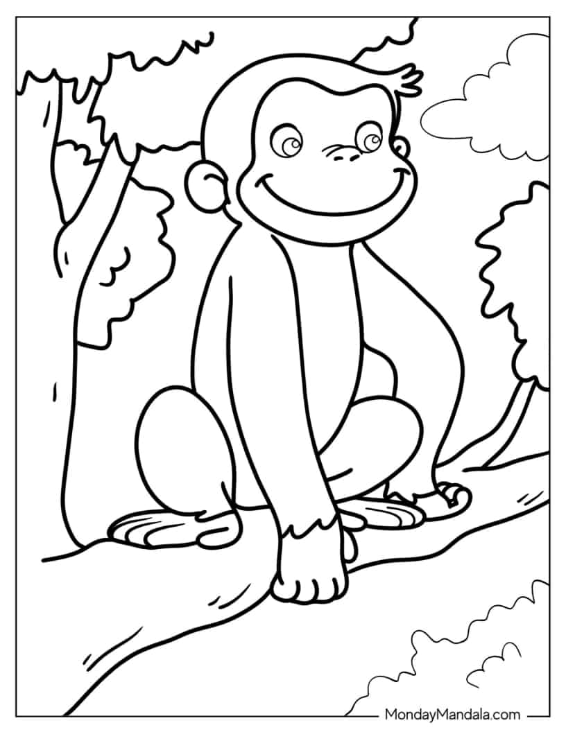 Curious George Sitting In a Tree coloring page — printable line art
