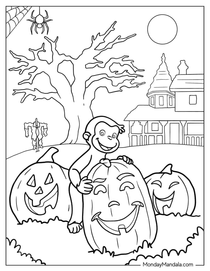 Halloween Themed Curious George With Jack O Lanterns coloring page