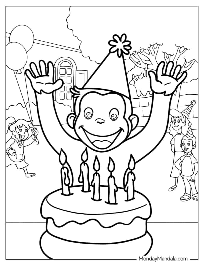 Happy Birthday Themed Curious George coloring page