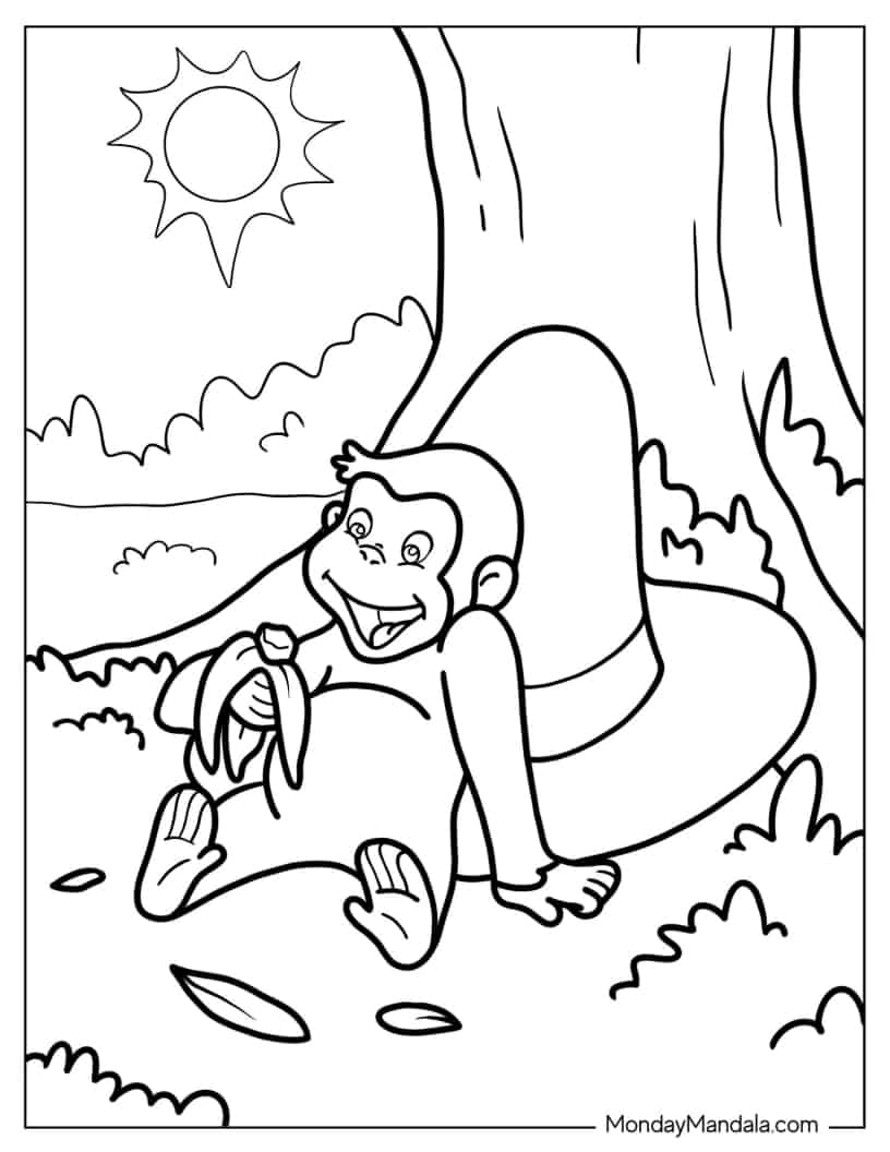 Happy Curious George Eating a Banana coloring page