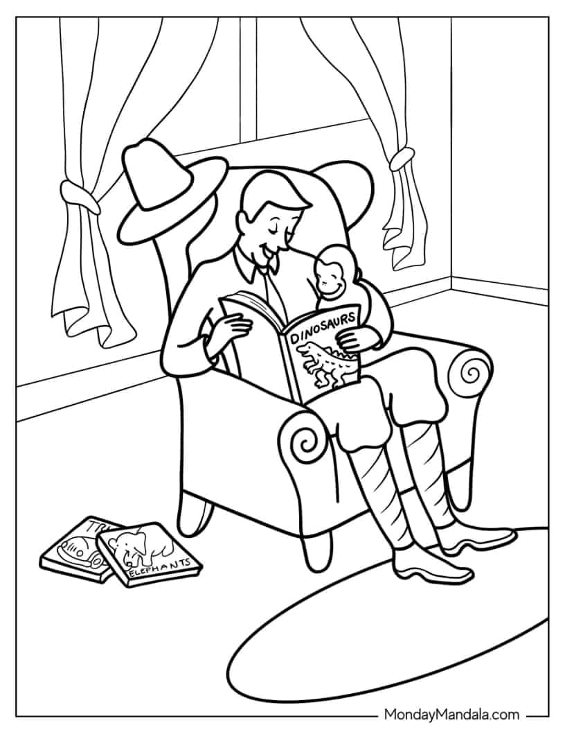 The Man In Yellow Reading To George coloring page