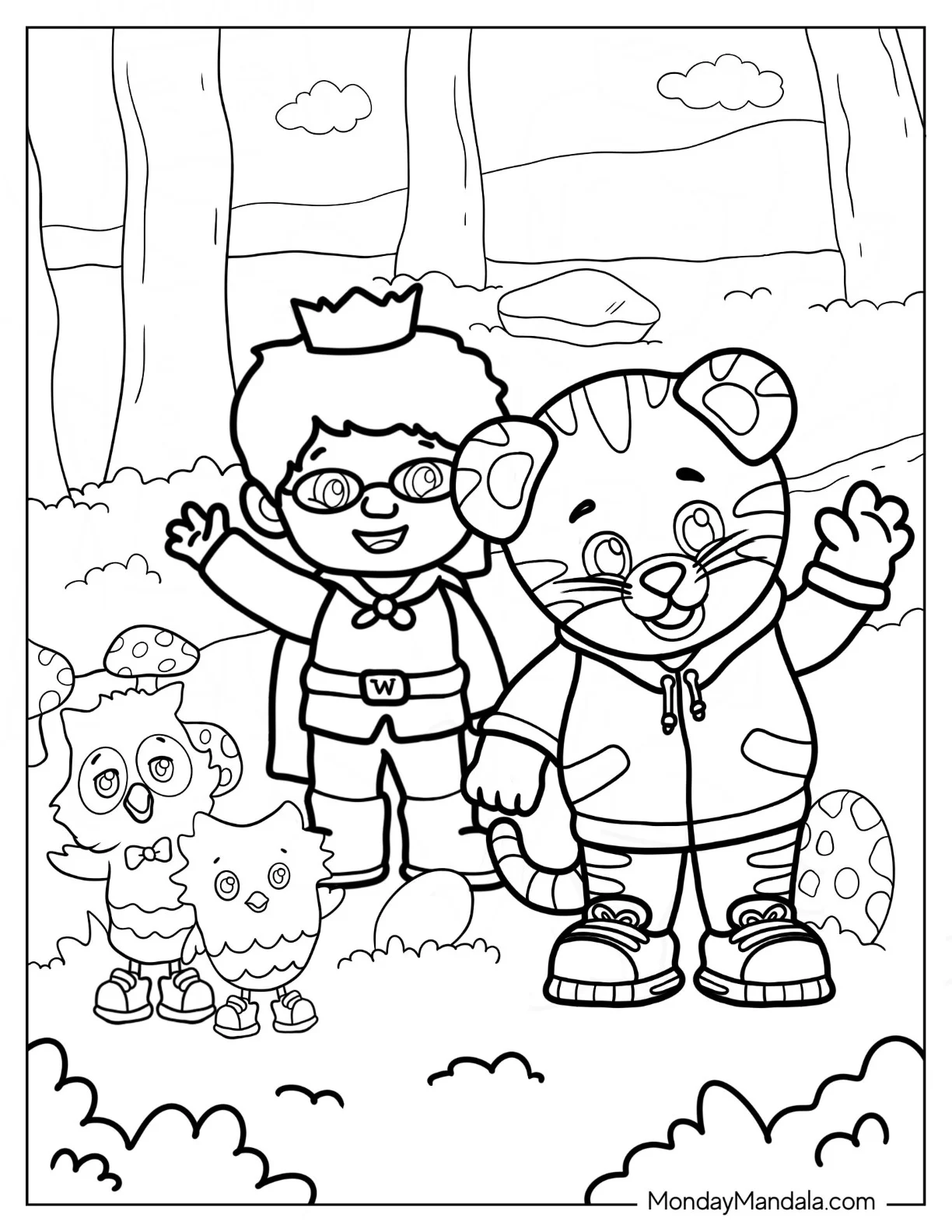 Daniel Tiger Coloring Page of Prince Wednesday, O The Owl, And Daniel Tiger Waving coloring page