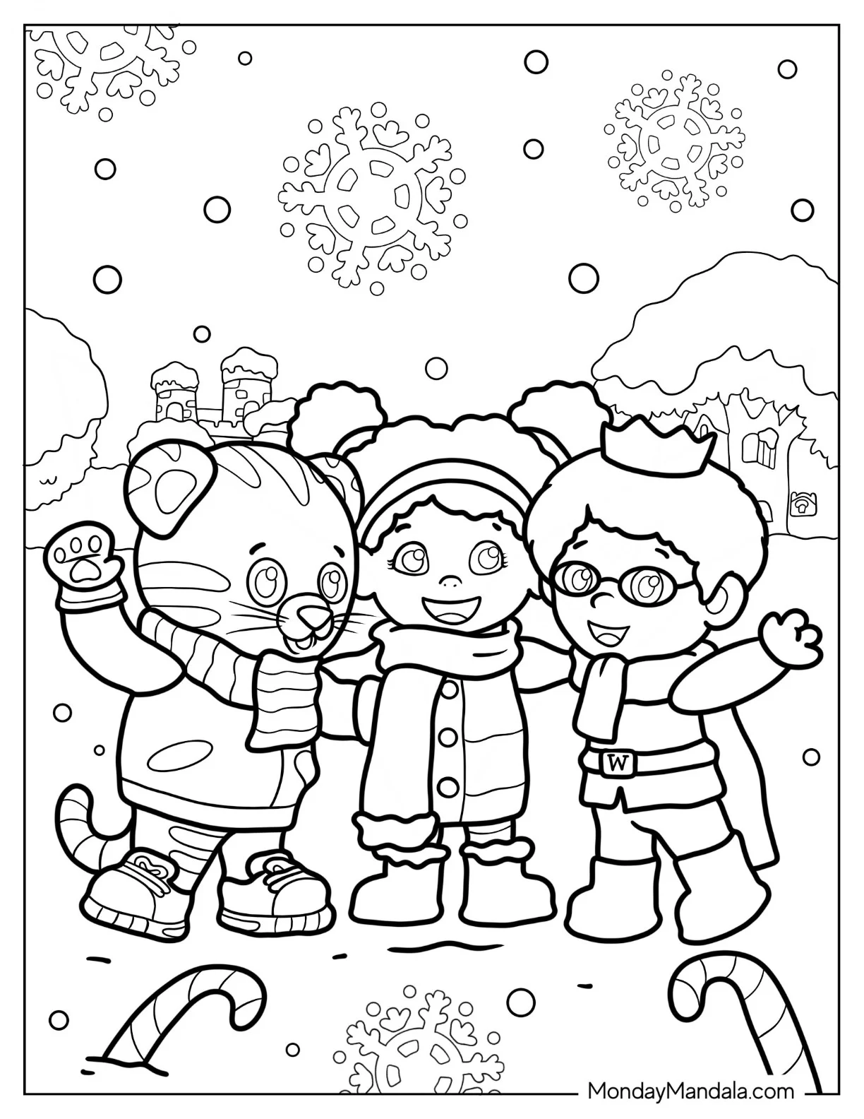 Daniel Tiger Coloring Page With Miss Elaina And Prince Wednesday In Winter coloring page