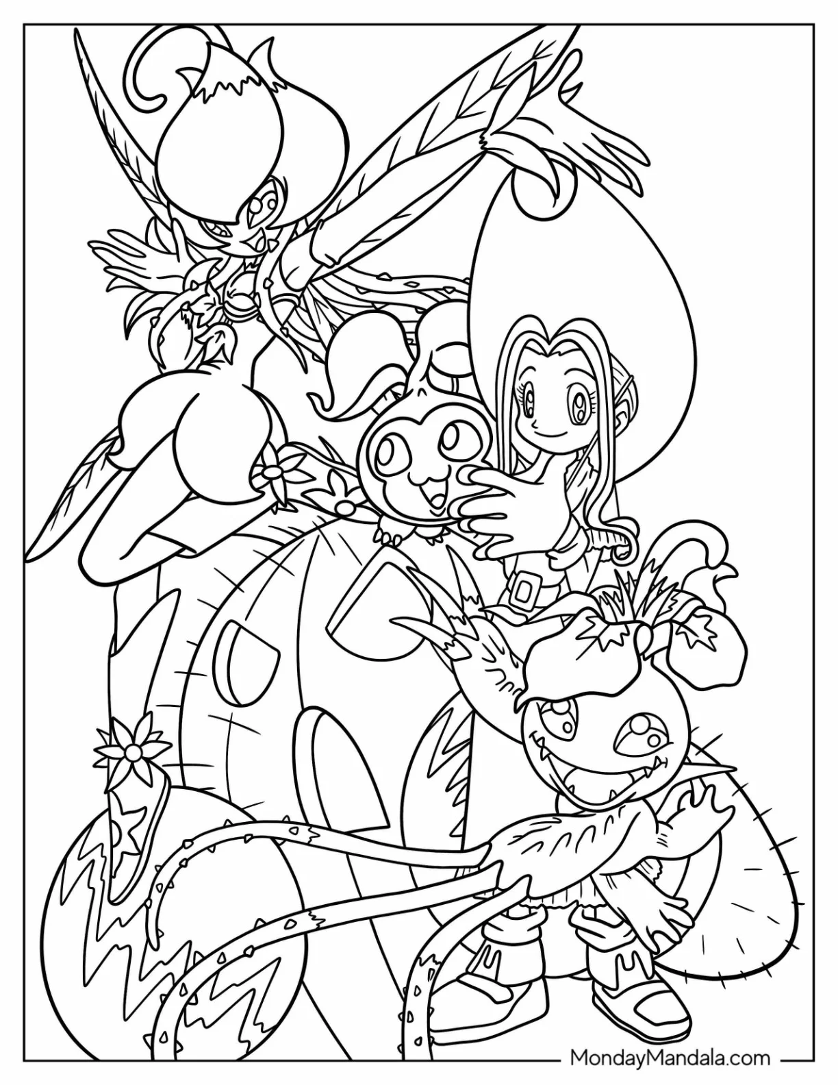 Digimon Coloring Page Of Mimi Tachikawa With Lilymon, Palmon, And Togemon coloring page
