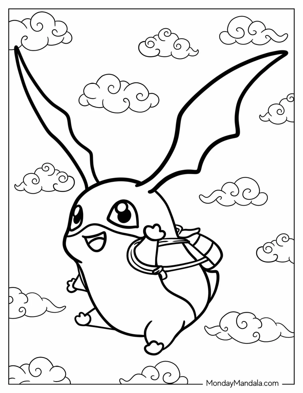Digimon Coloring Page Of Patamon Flying In The Sky With Backpack coloring page