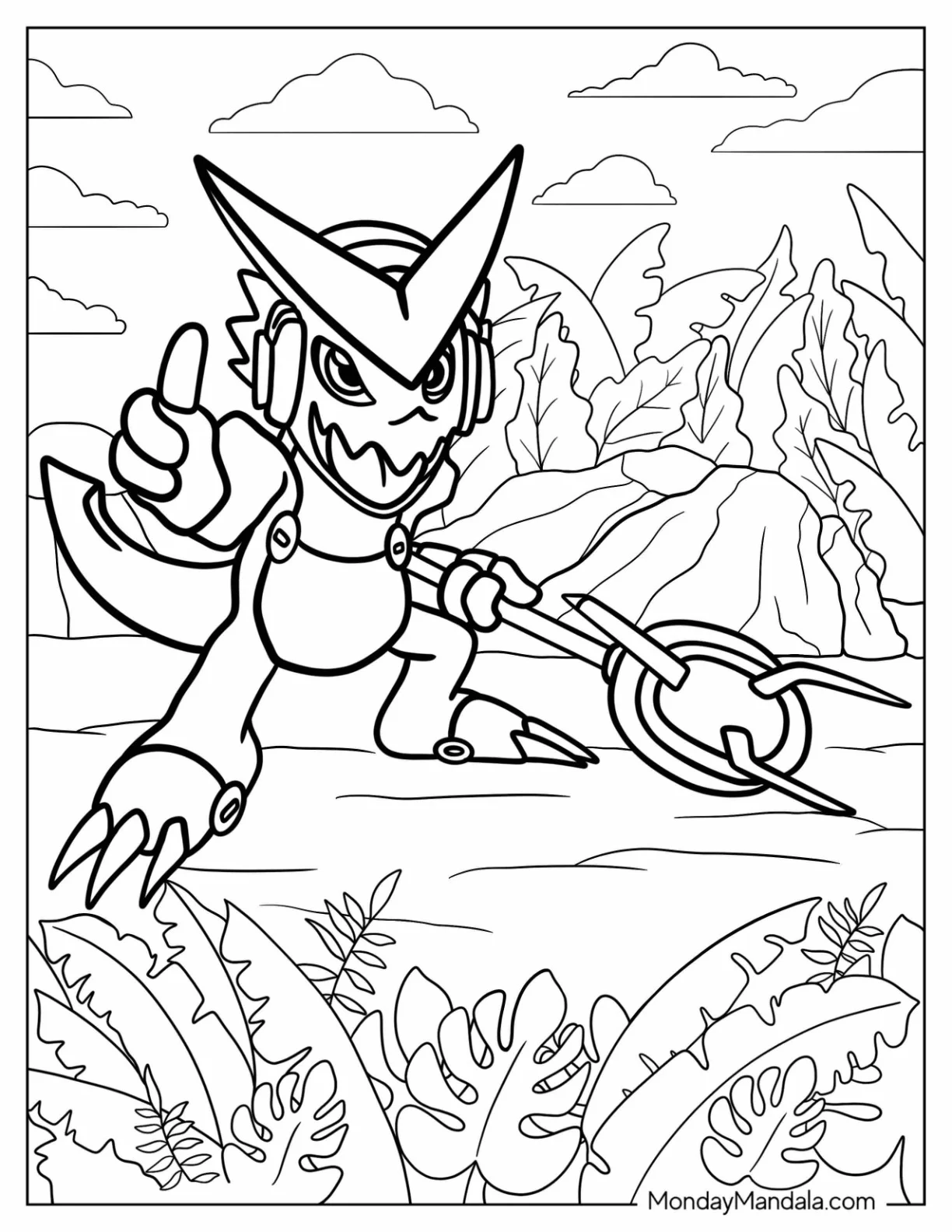 Digimon Coloring Page Of Simple Shoutmon Holding Weapon coloring page
