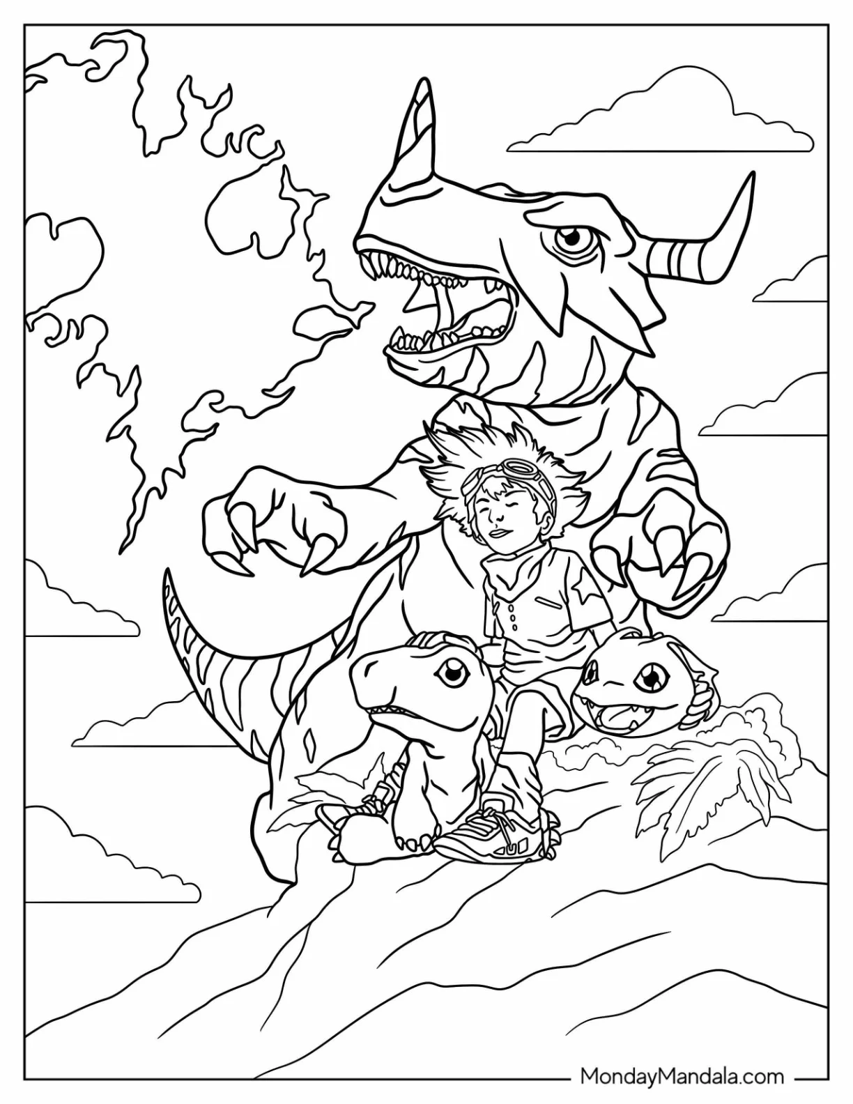 Digimon Coloring Page Of Tai Kamiya With Agumon, Greymon, And Koromon coloring page