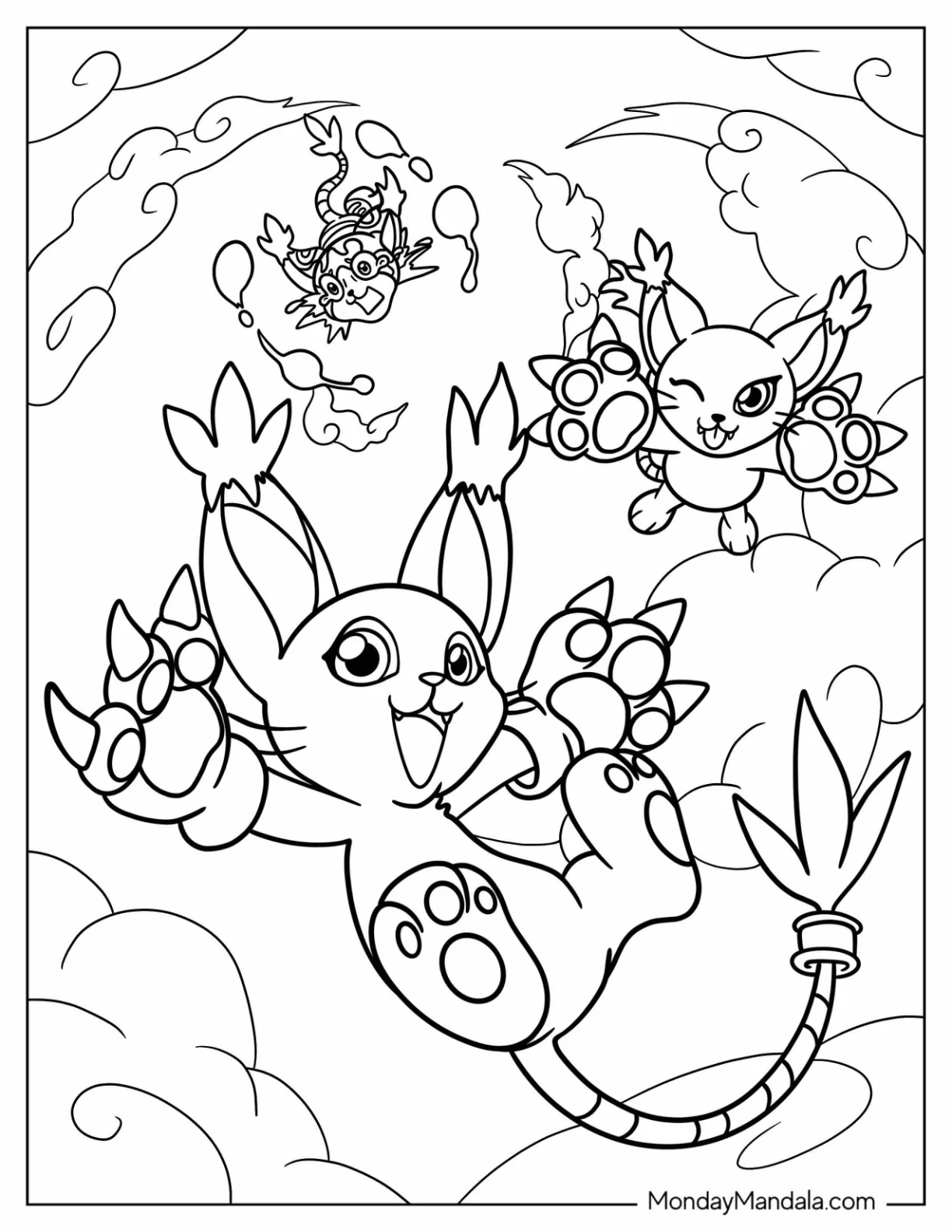 Digimon Coloring Page Of Tailmon, Blacktailmon, And Hornetstar Falling From Sky coloring page