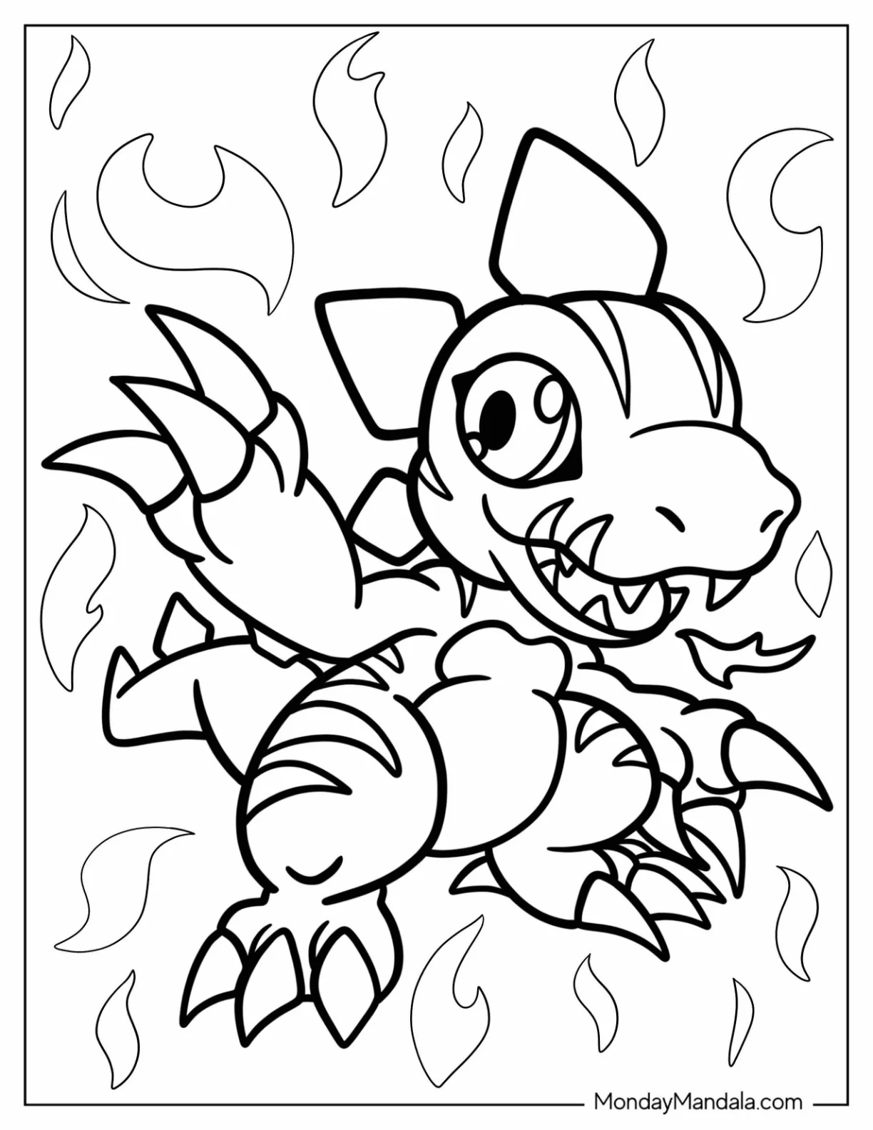 Digimon Coloring Page Of Tyrannomon Surrounded By Flames coloring page