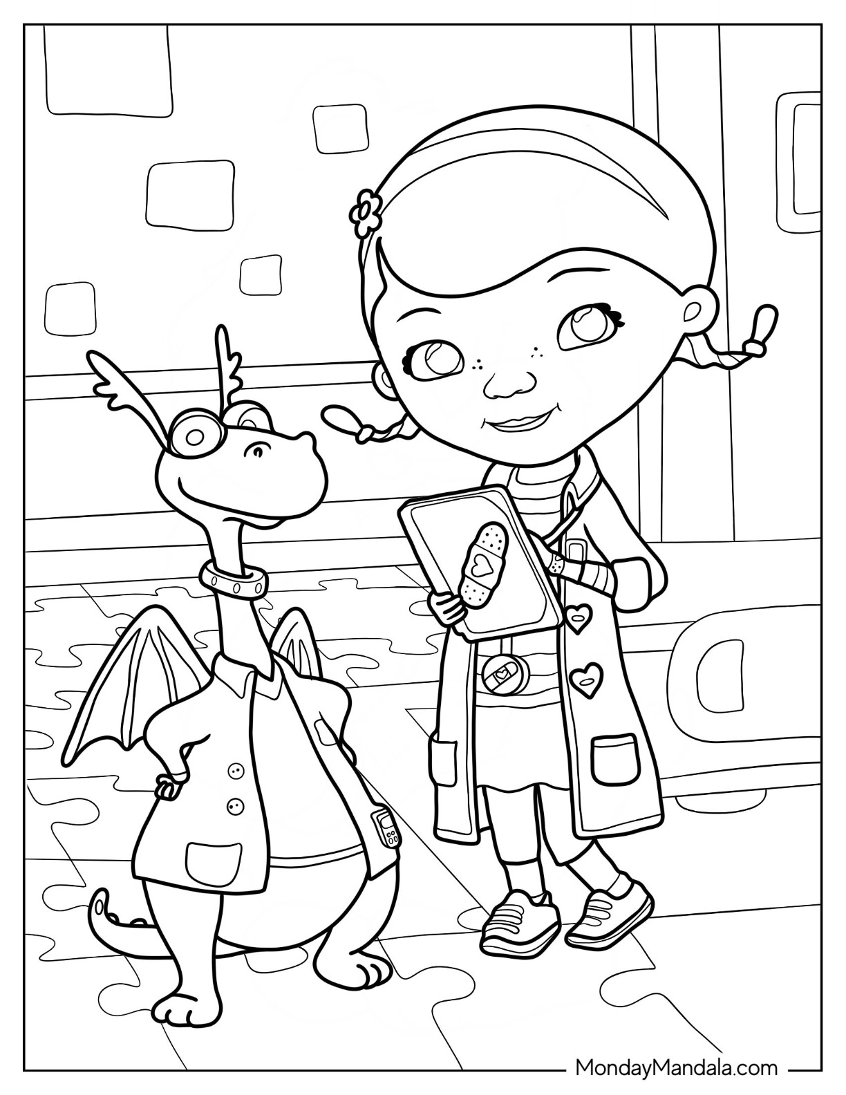Doc McStuffins Coloring Page And Stuffy In Toy Hospital coloring page — printable line art