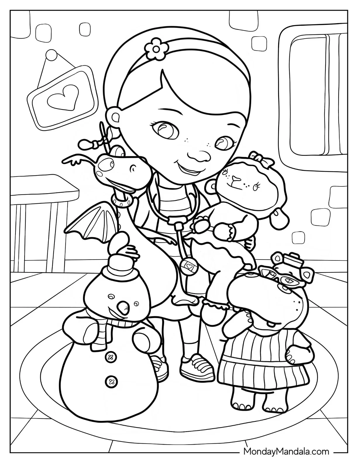 Doc McStuffins Coloring Page Embracing Stuffy, Lambie, Chilly, And Hallie coloring page