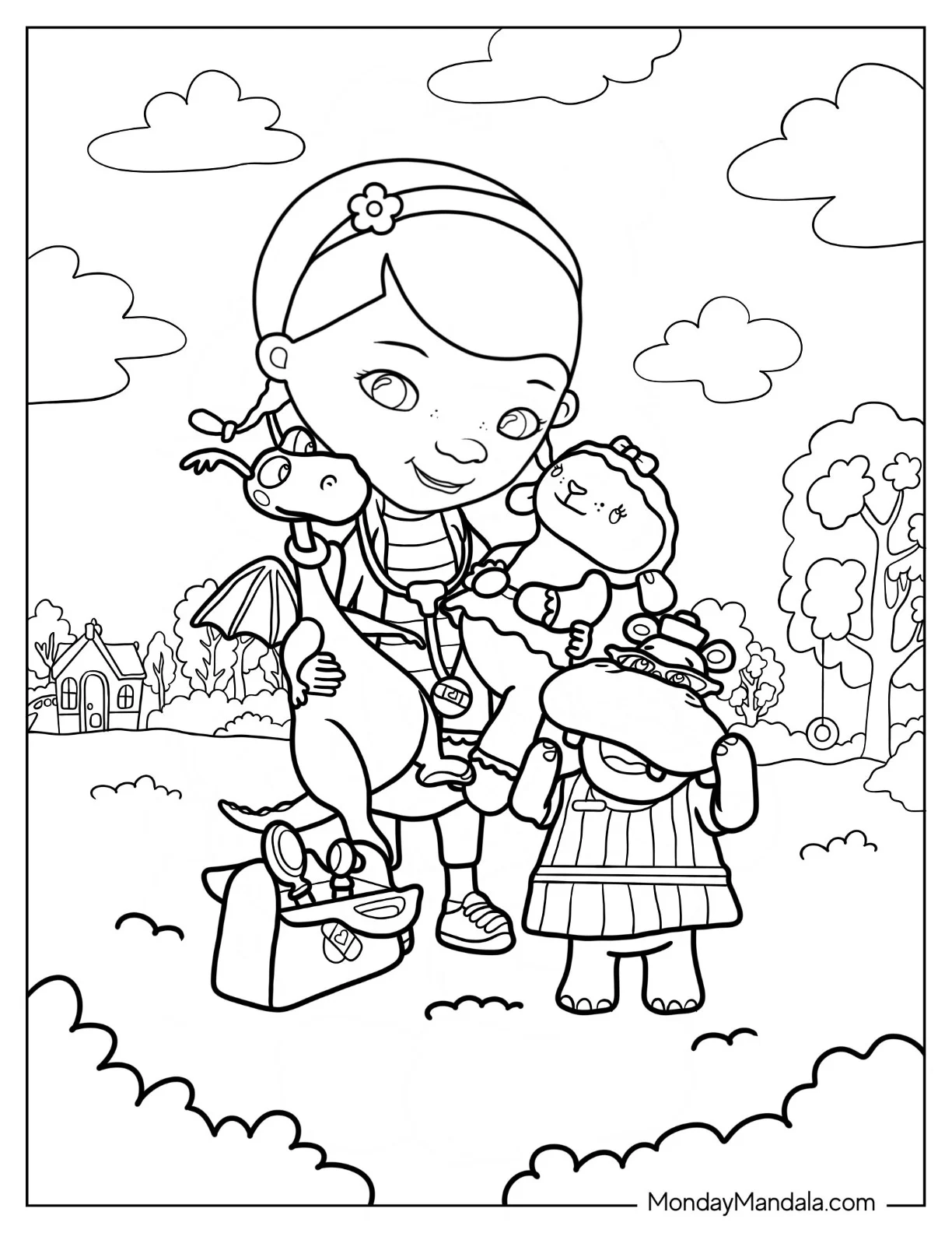 Doc McStuffins Coloring Page Holding Stuffy, Lambie, And Hallie coloring page — printable line art