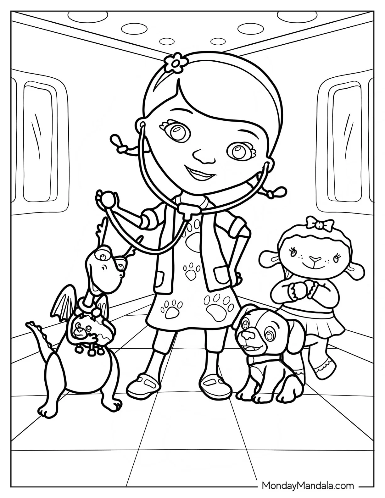 Doc McStuffins Coloring Page Of Toy Hospital With Stuffy, Findo, And Lambie coloring page