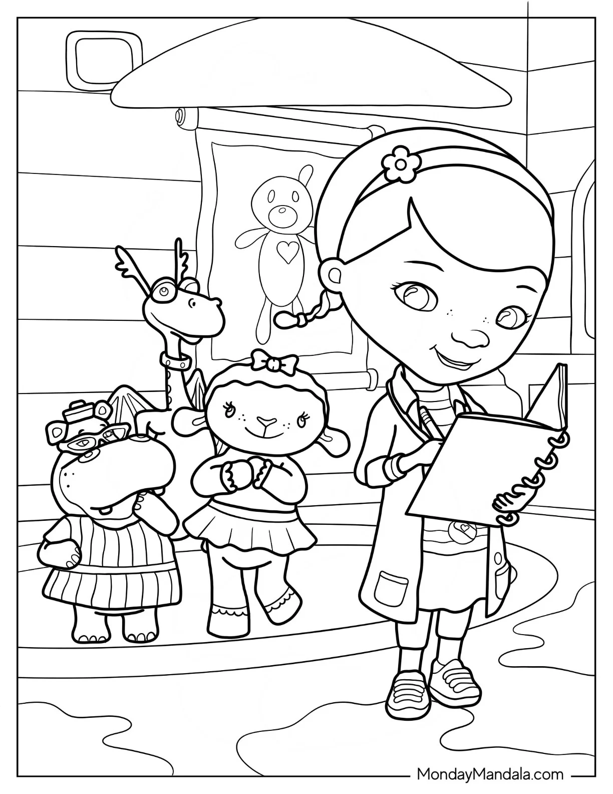 Doc McStuffins Coloring Page Of With Lambie, Hallie, And Stuffy In Toy Hospital coloring page