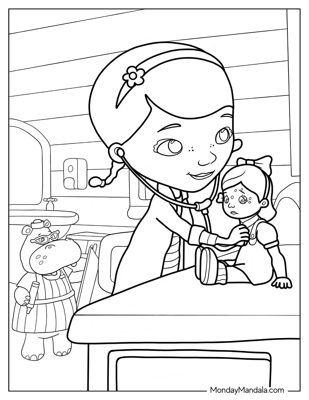 Doc McStuffins Coloring Page Using Stethoscope On Susie Sunshine coloring page