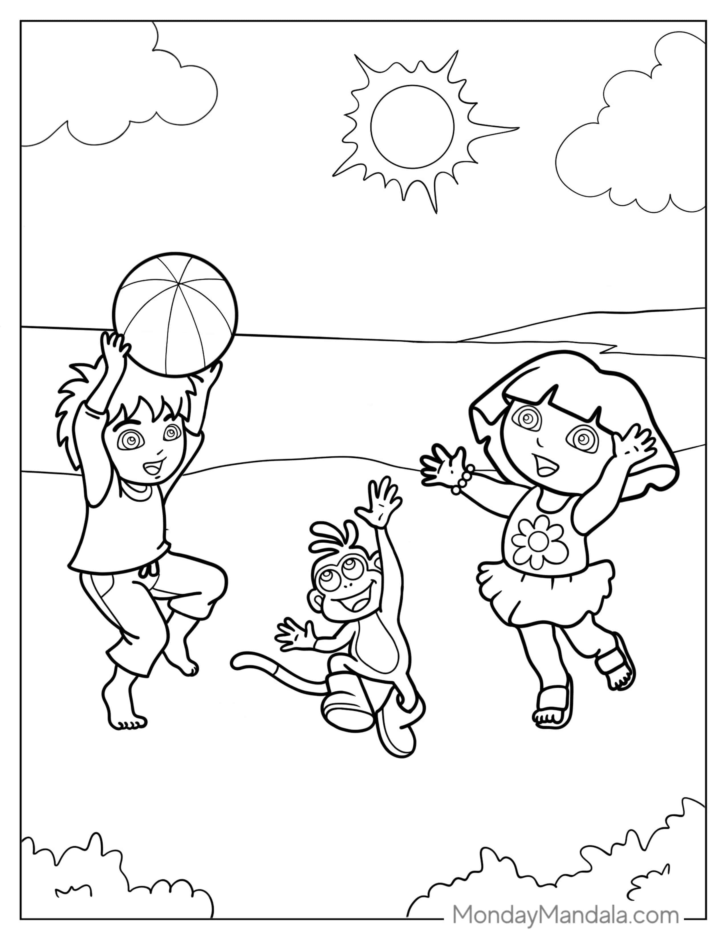 Diego, Boots And Dora Playing With Ball During Summer coloring page