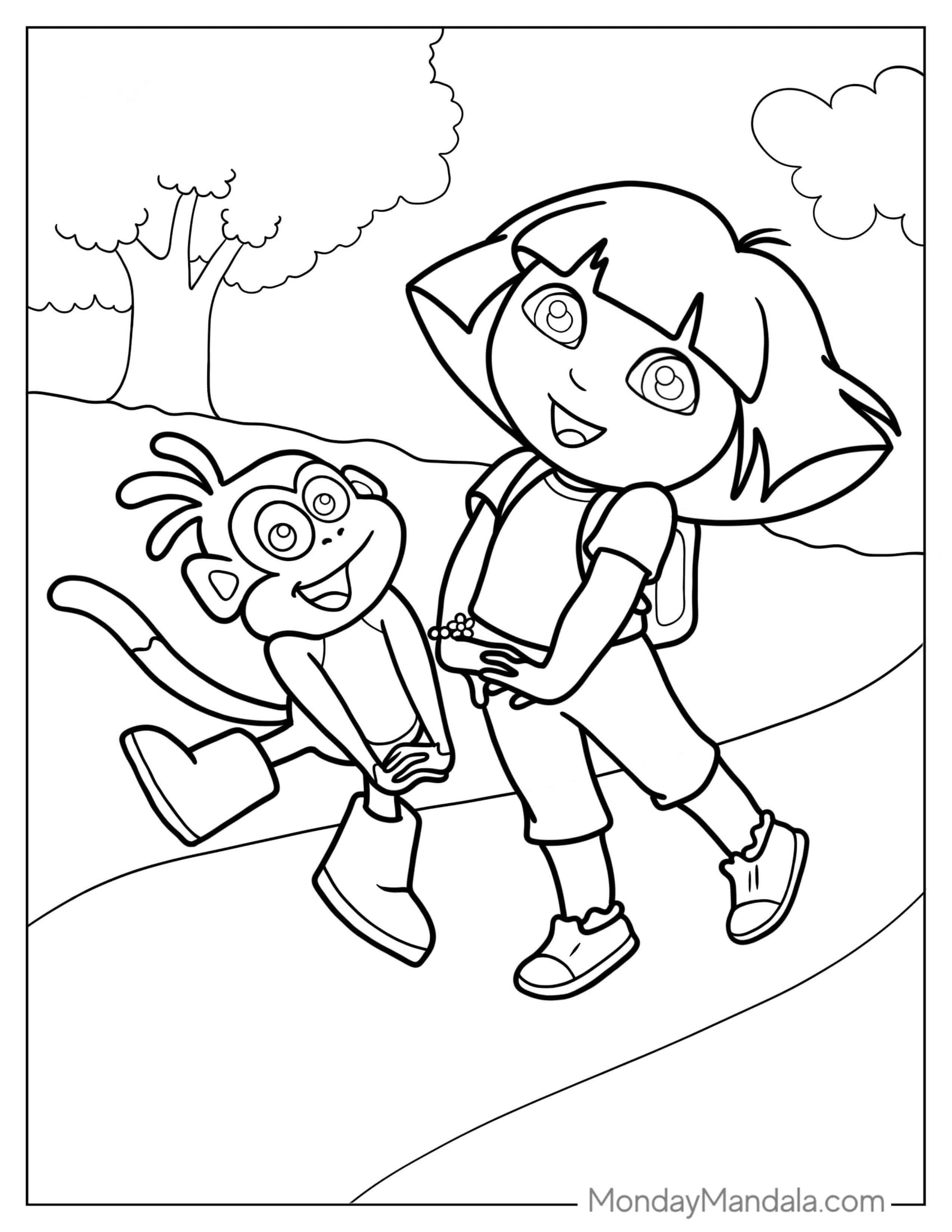 Dora And Boots Dancing On a Path coloring page — printable line art