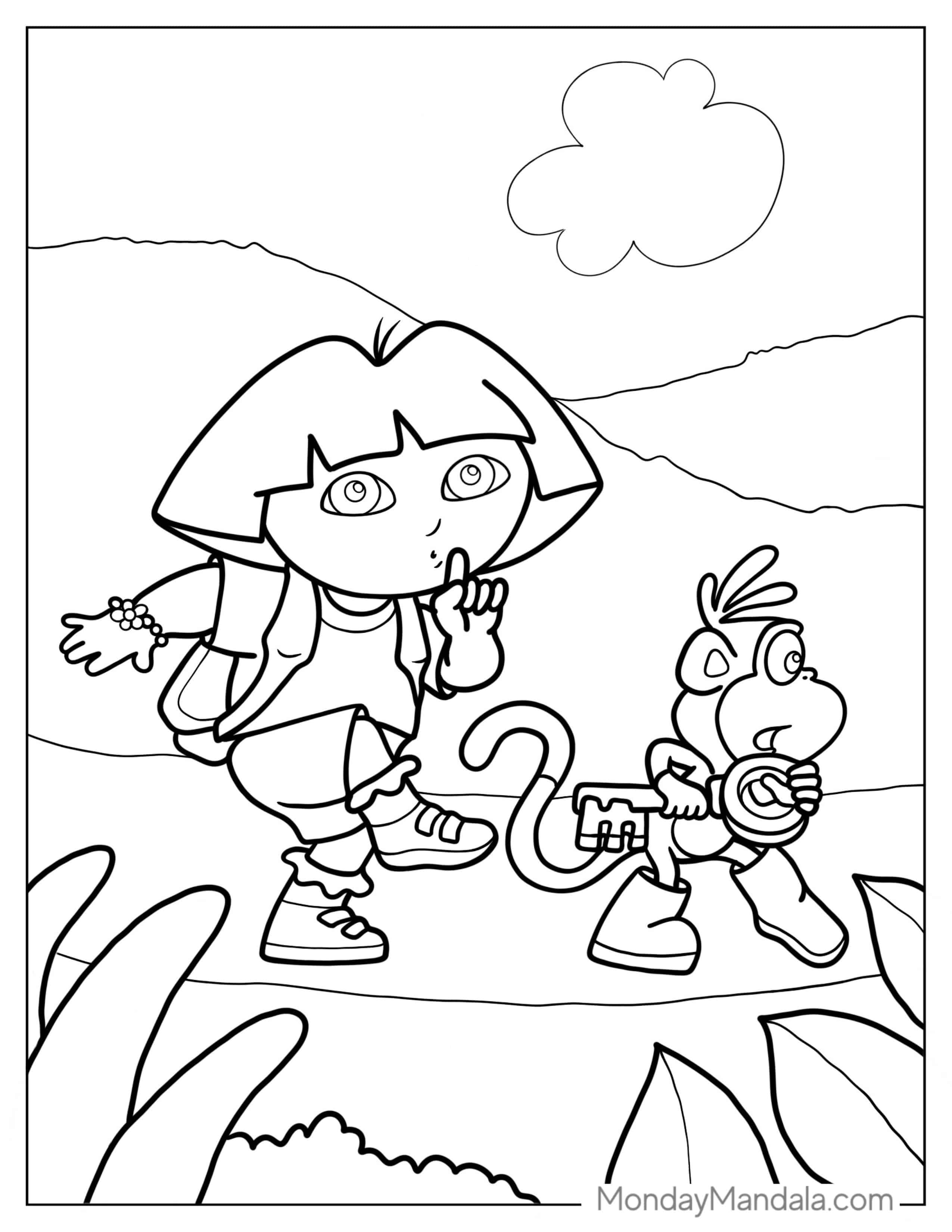 Dora And Boots Quietly Creeping Coloring PAge coloring page