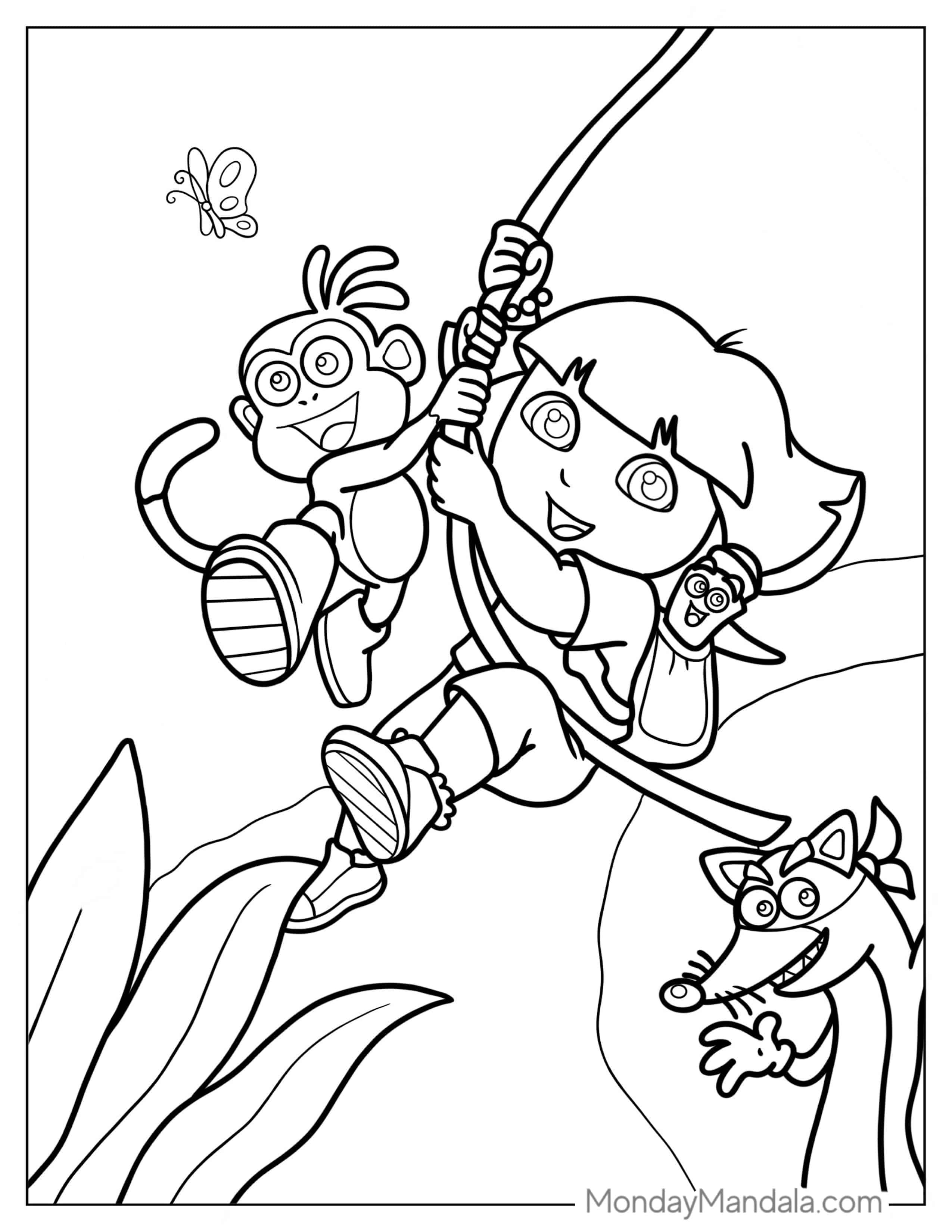 Dora And Boots Swinging From Vine With Swiper_ coloring page — printable line art