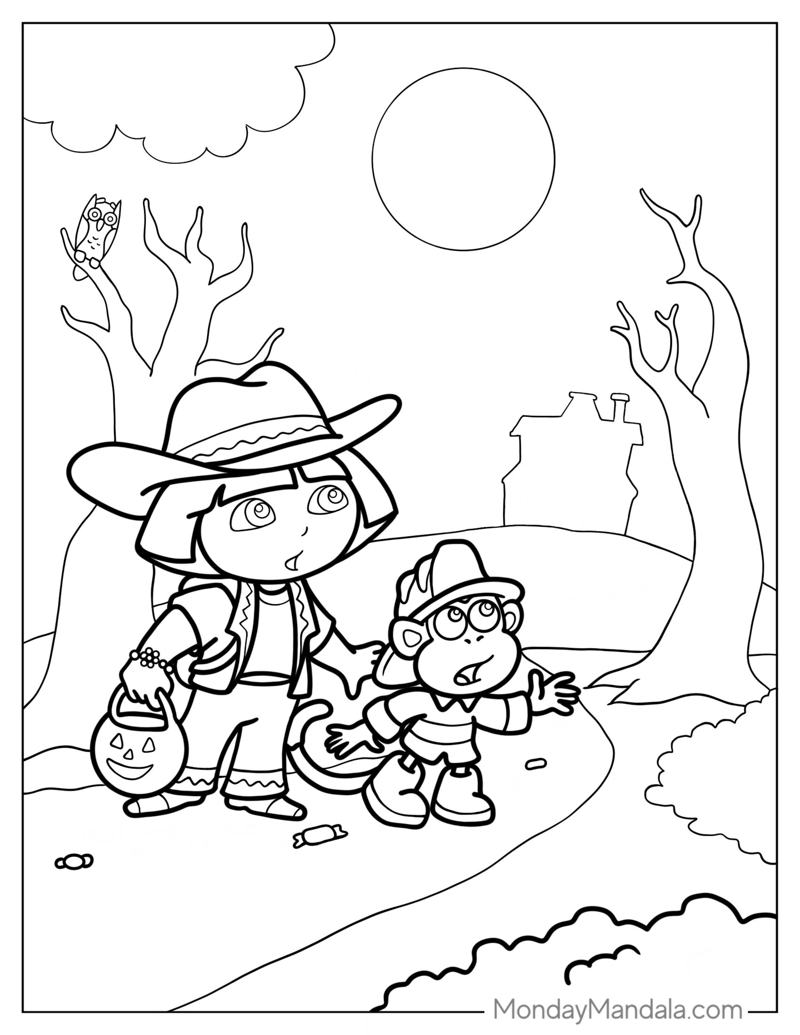 Dora And Boots Trick Or Treating For Halloween coloring page