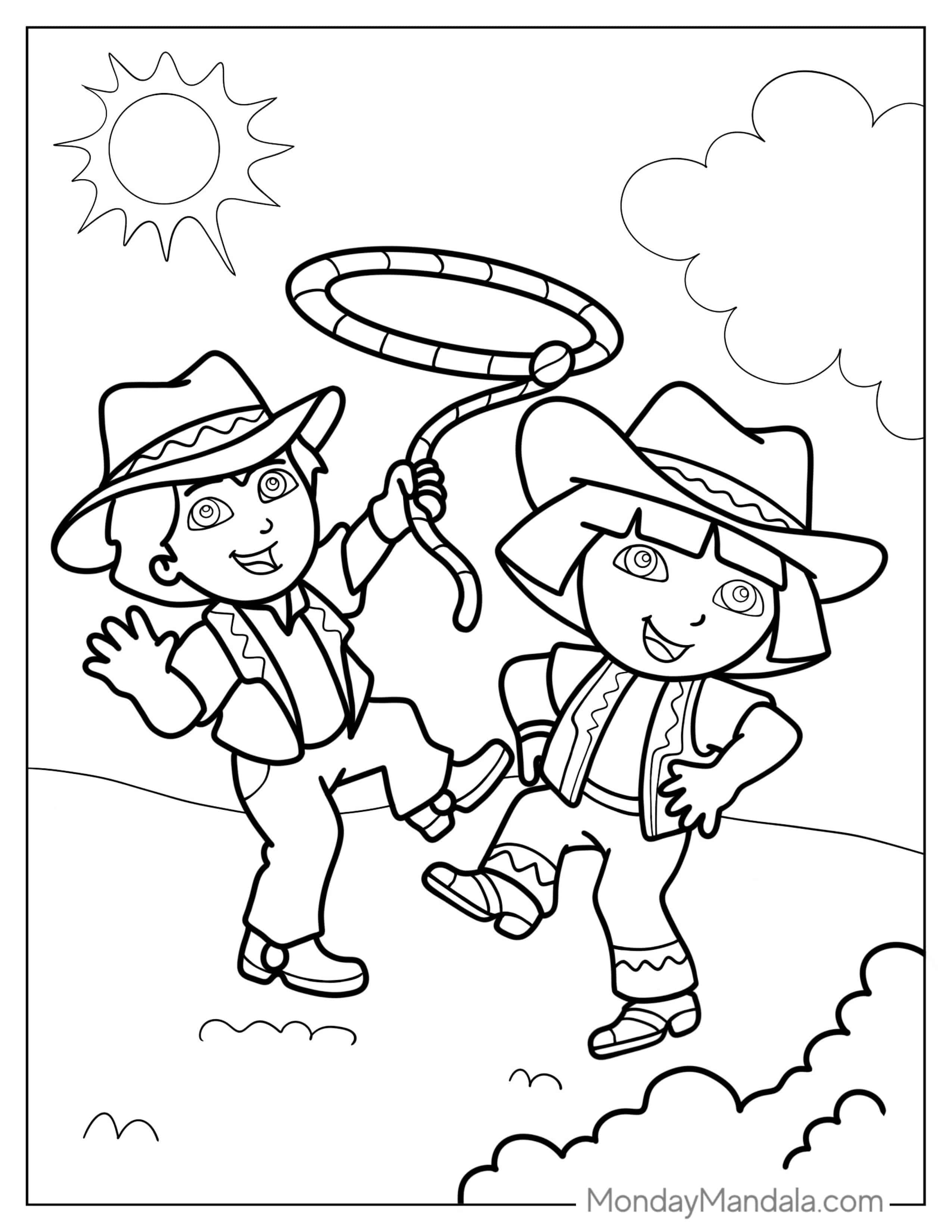 Dora And Diego Dressed As Cowboy And Cowgirl To Color coloring page
