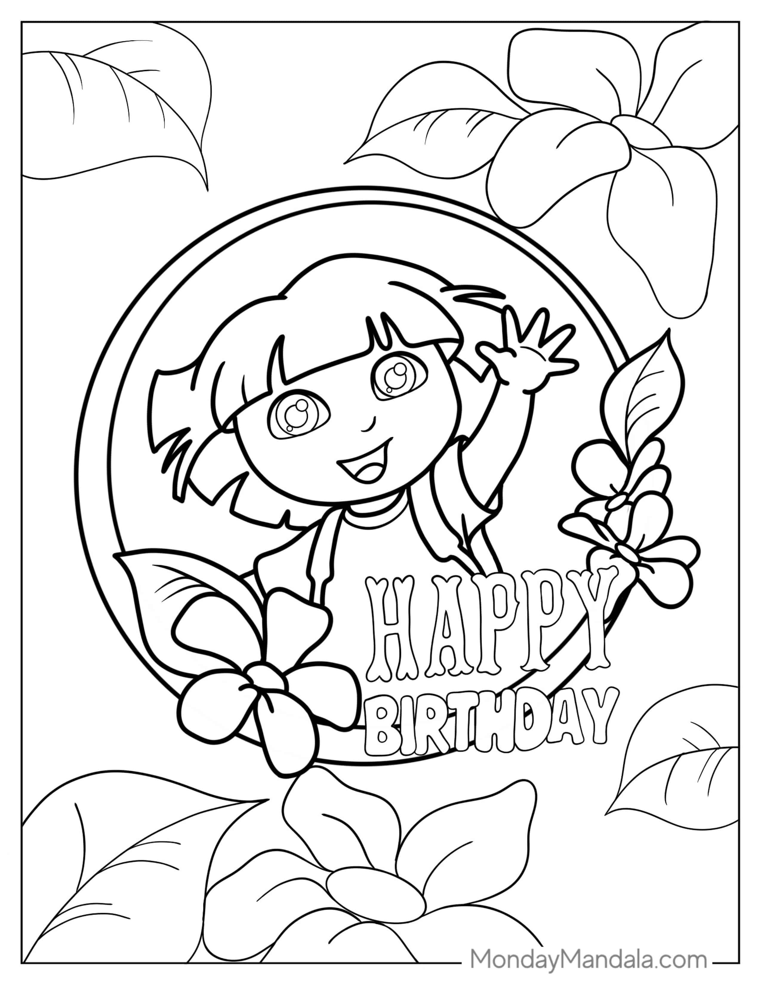 Dora Happy Birthday Coloring Page For Kids coloring page
