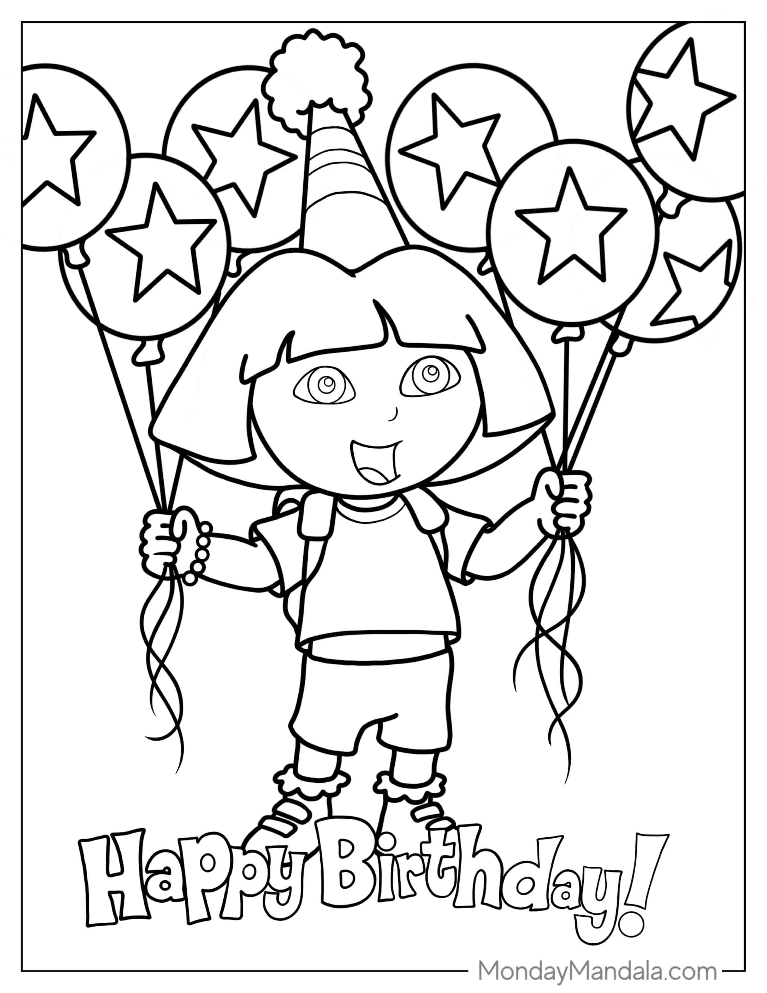 Dora Holding Happy Birthday Balloons To Color coloring page