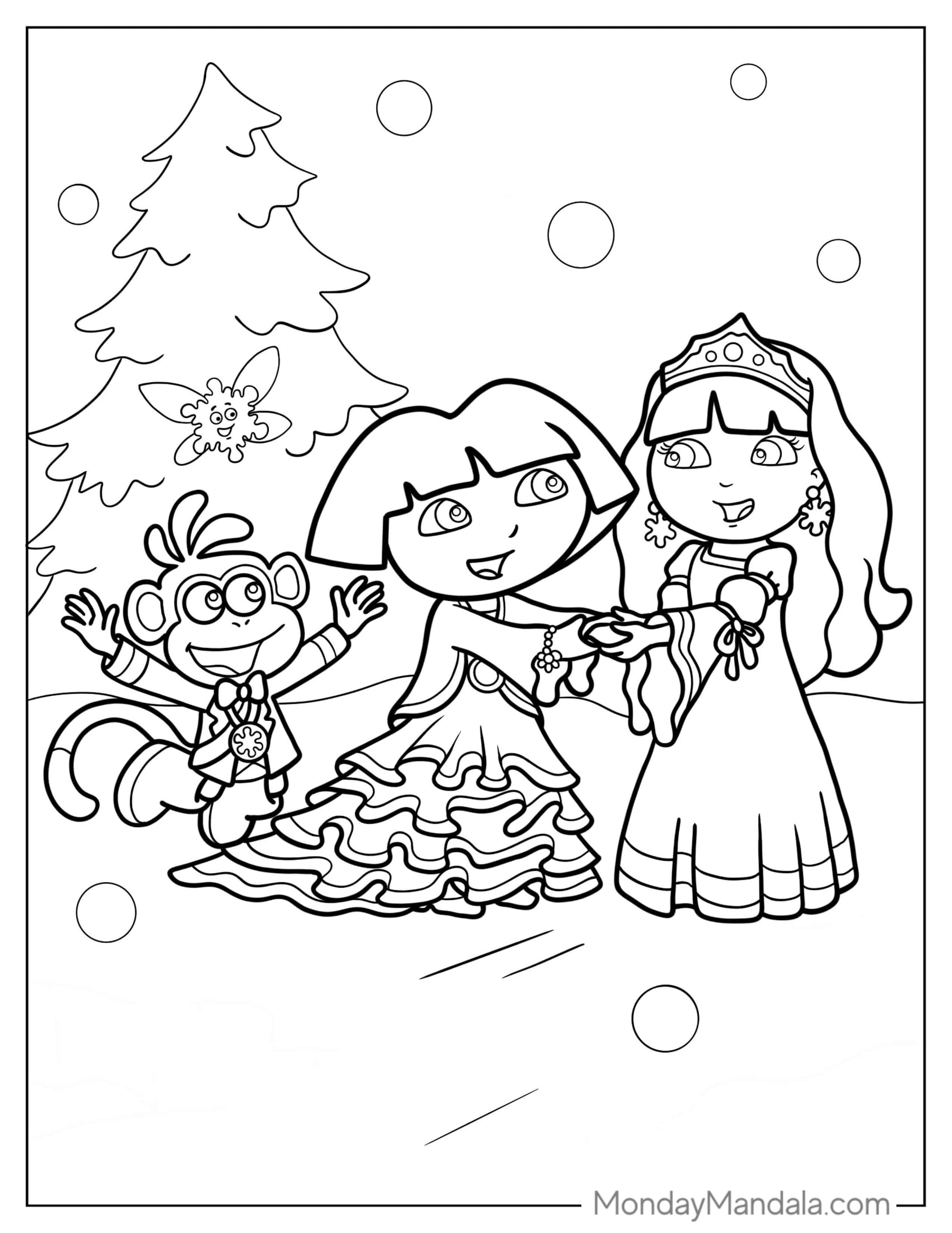 Dora With Boots And Friend During Winter coloring page