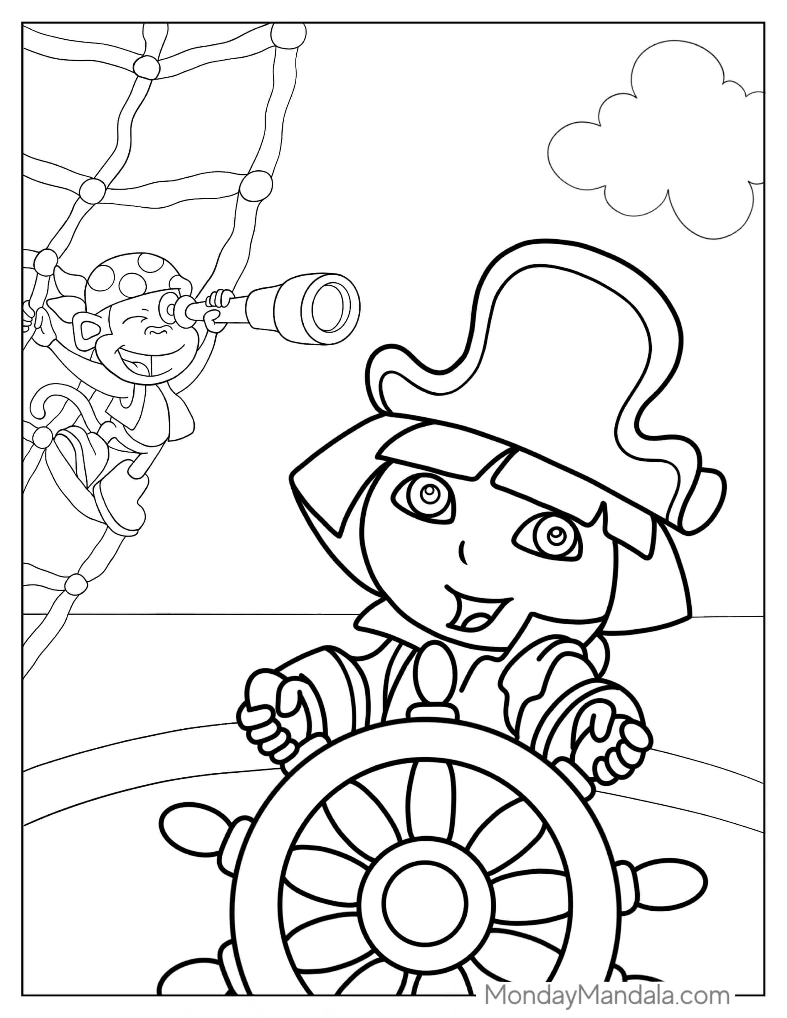 Pirate Dora With Boots On Ship To Color coloring page — printable line art