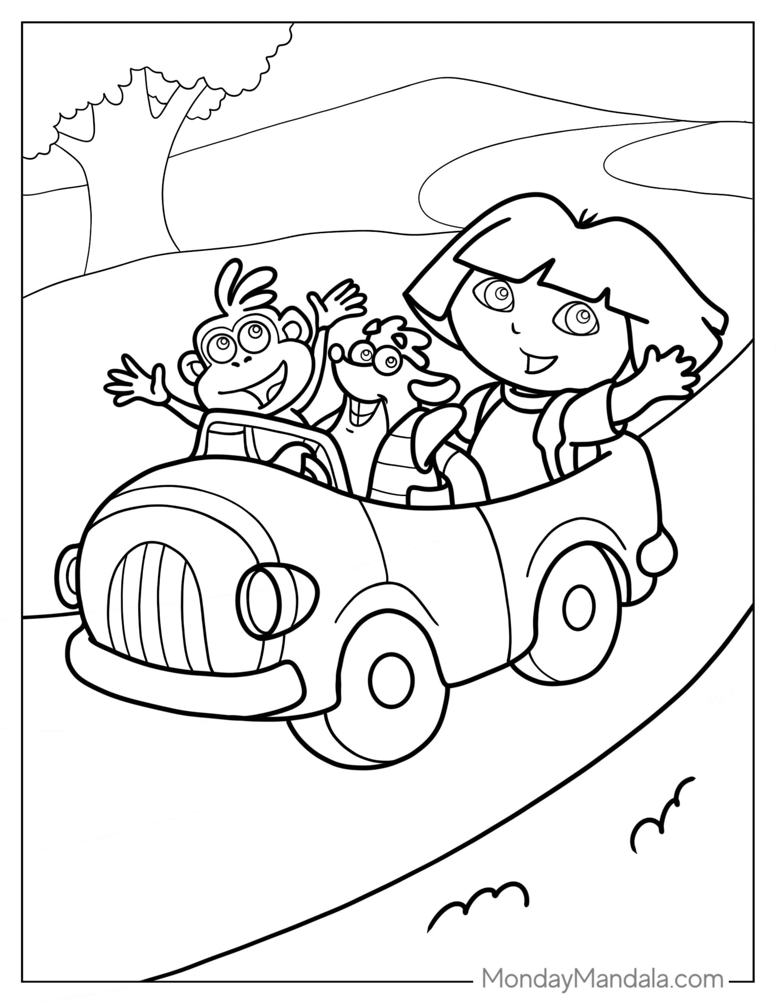 Tico, Boots And Dora Driving In a Car coloring page
