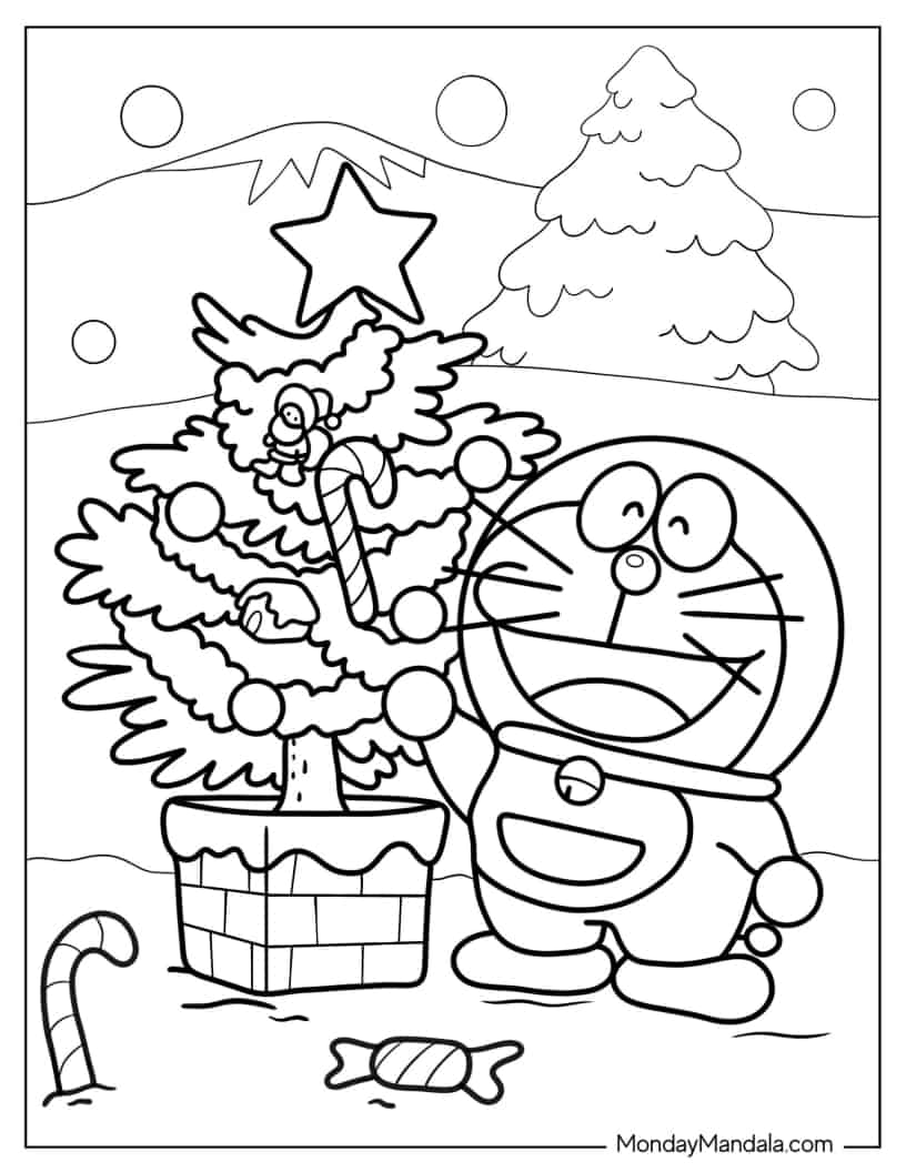 Coloring Page Of Doraemon With Christmas Tree coloring page