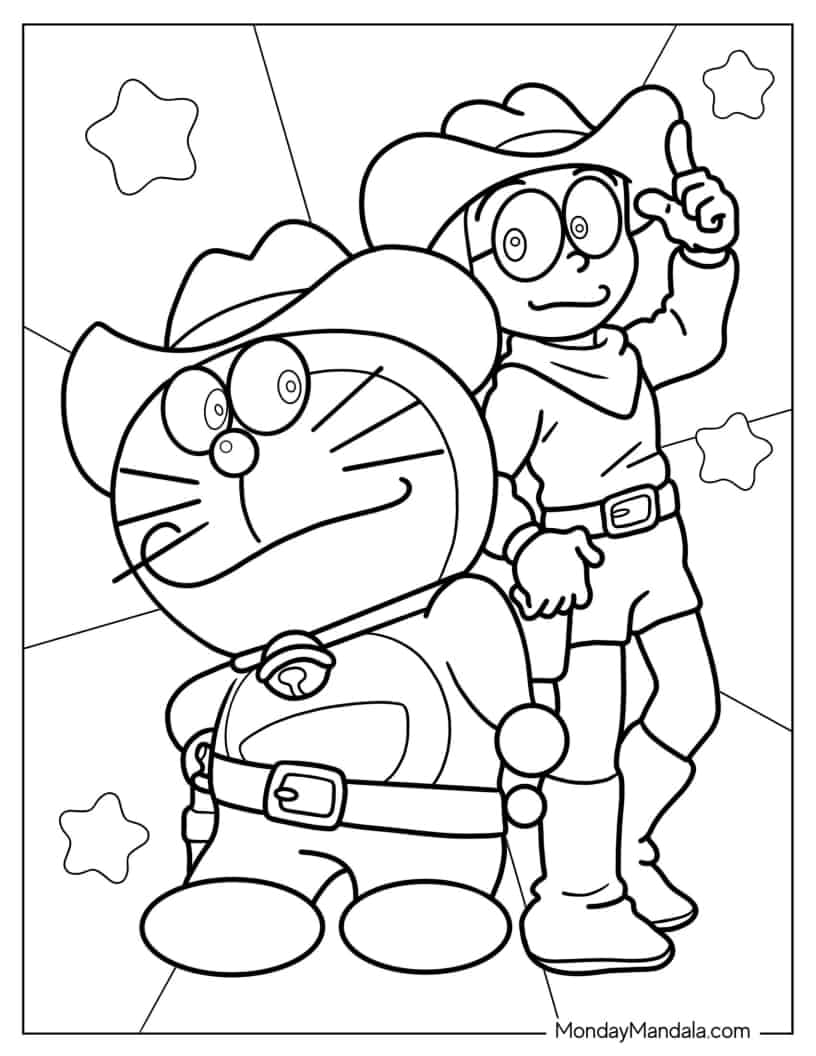 Cowboy Doraemon And Nobita Coloring Sheet coloring page — printable line art