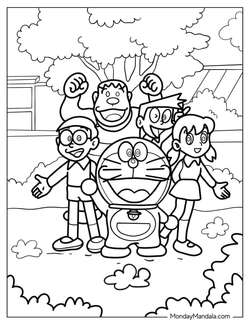 Doraemon, Nobita, And Friends Coloring Page For Preschoolers coloring page — printable line art