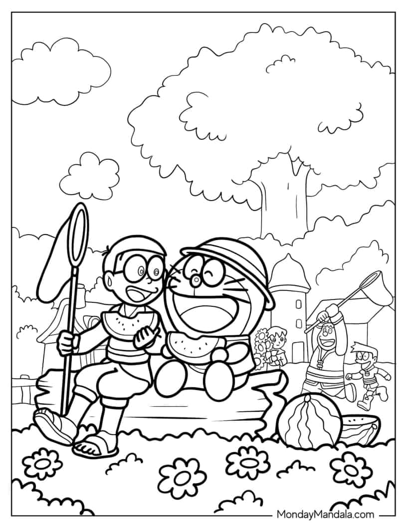 Doraemon, Nobita, and Friends Eating Watermelon In Summer coloring page