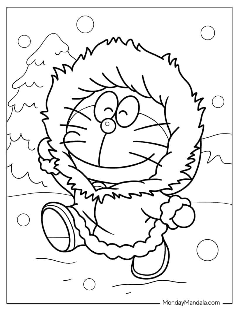 Doraemon Running In The Snow coloring page — printable line art