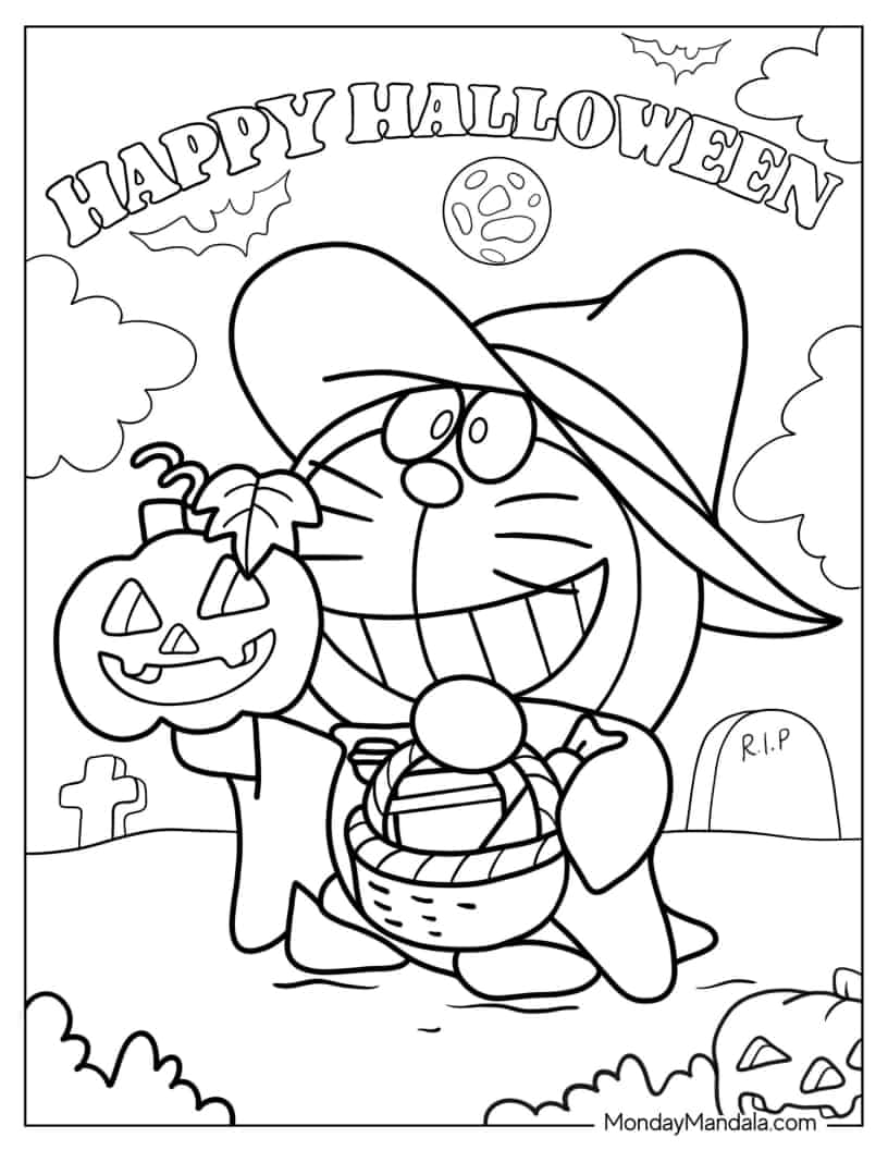 Halloween Doraemon Trick-Or-Treating Coloring Sheet coloring page — printable line art