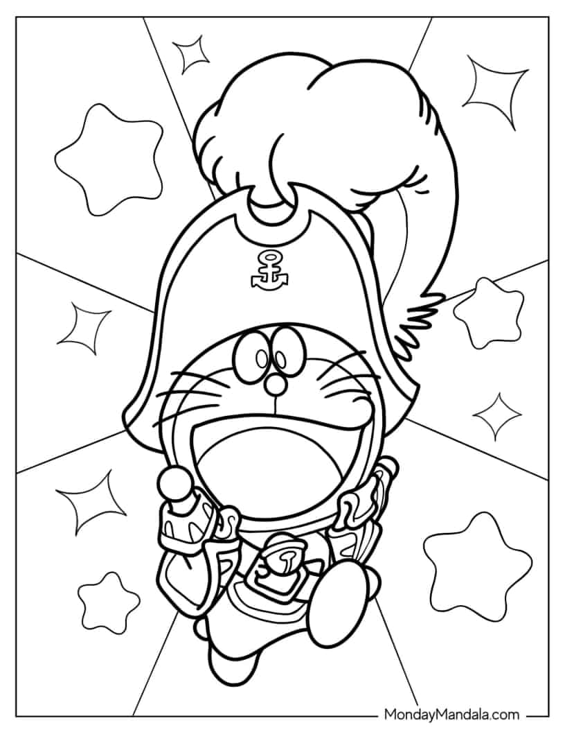 Pirate Doraemon coloring page — printable line art