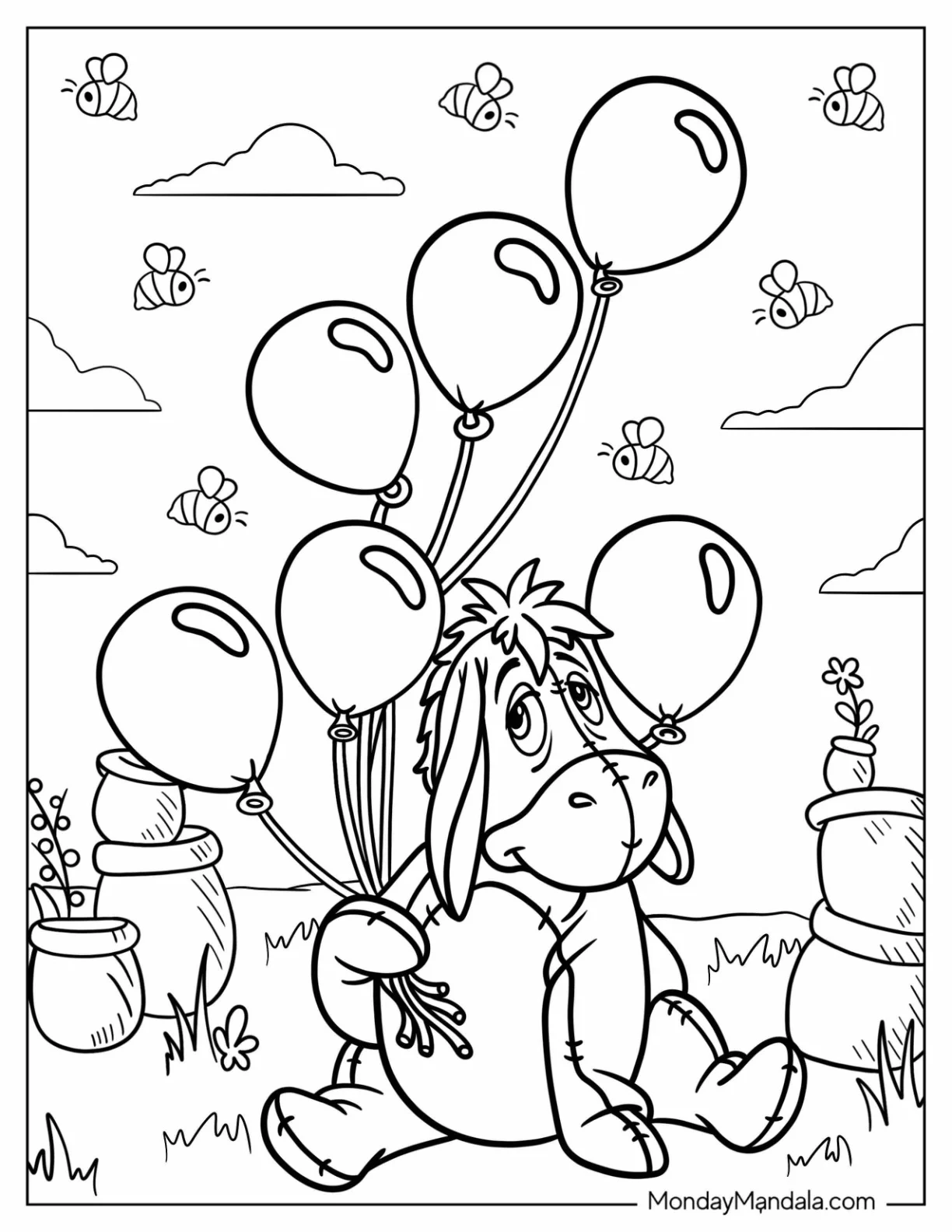 Cute Eeyore Coloring Page Holding Balloons coloring page