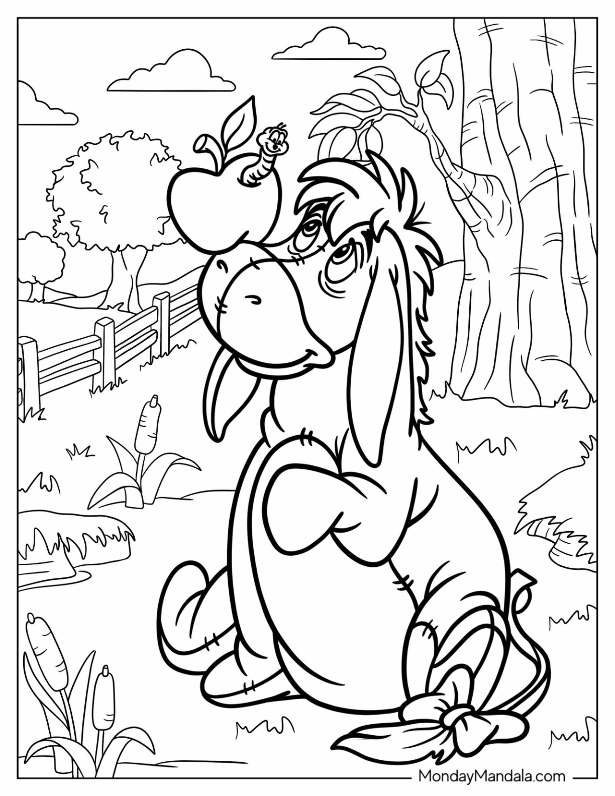 Eeyore Coloring Page Balancing Apple With Worm On His Nose coloring page — printable line art