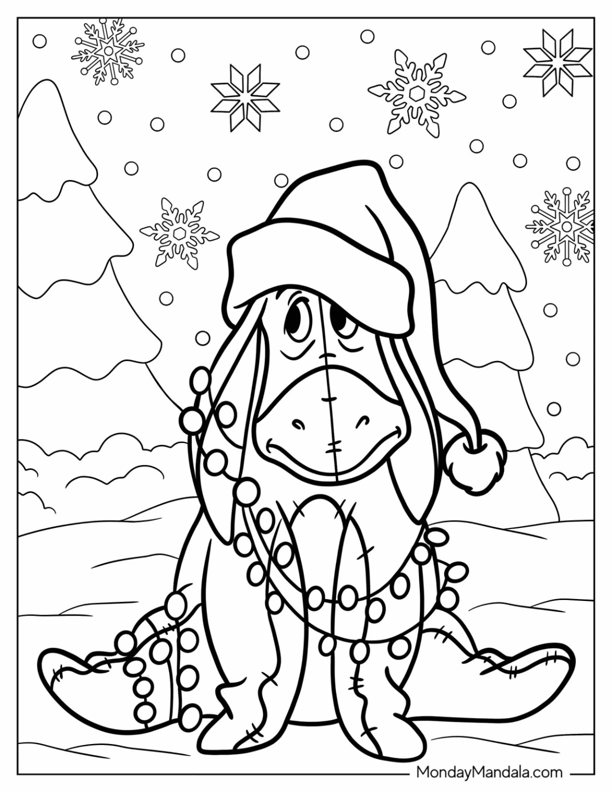 Eeyore Coloring Page In Santa Hat Covered In Christmas Light coloring page