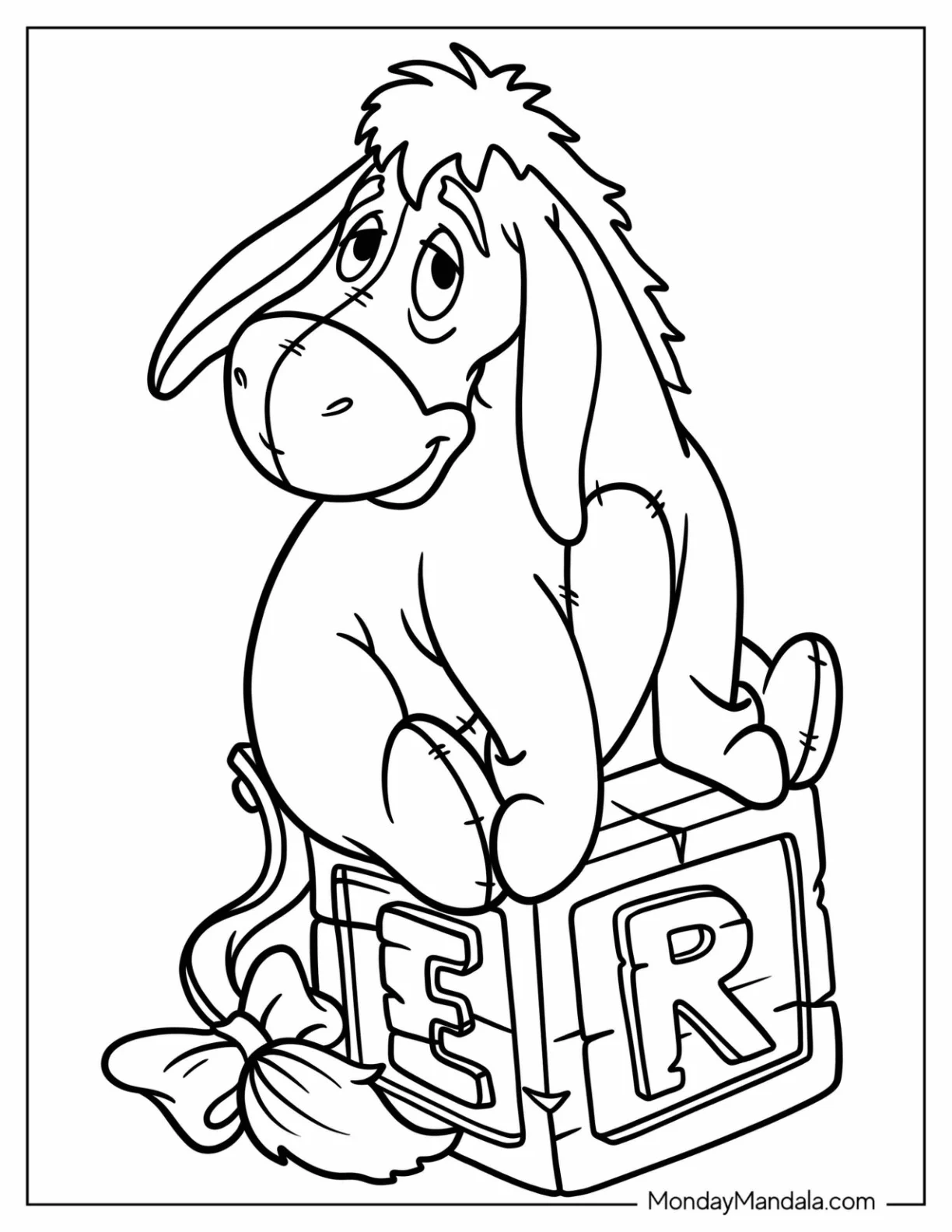 Eeyore Coloring Page Sitting On Wooden Letter Block coloring page