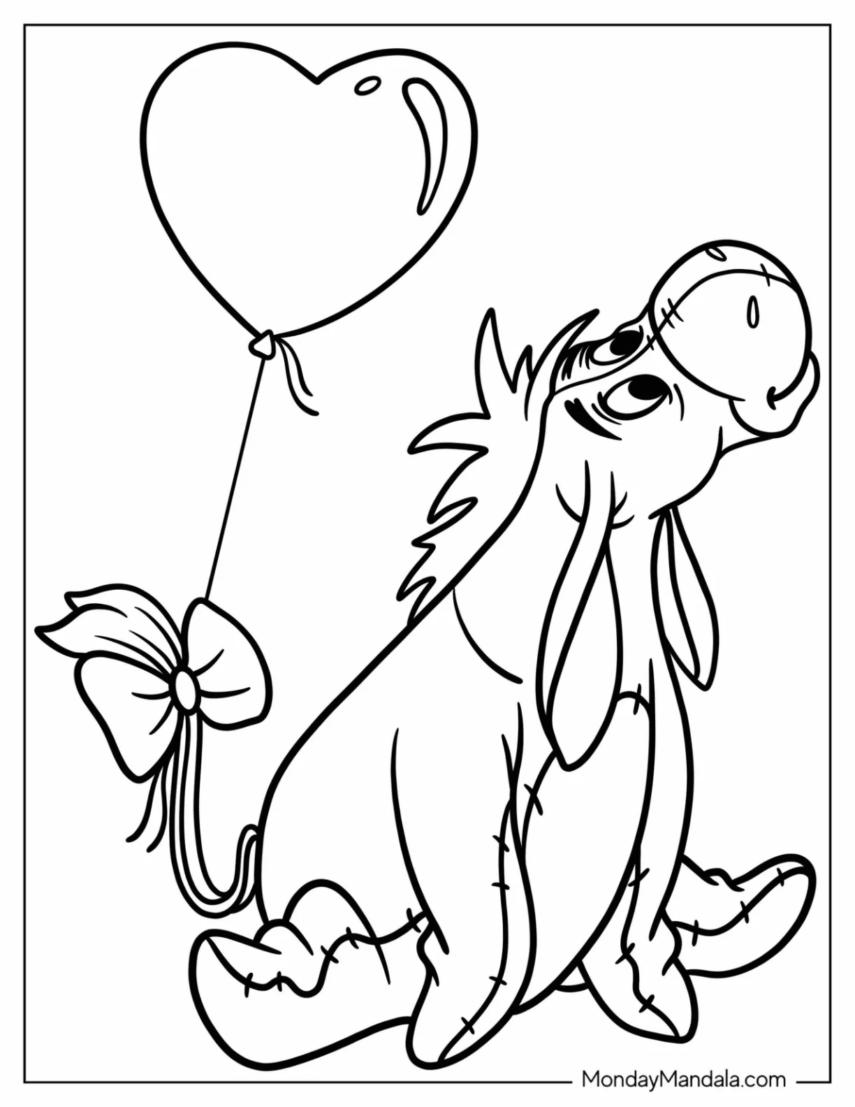 Eeyore Coloring Page With Bow And Balloon Tied To His Tail For Kids coloring page